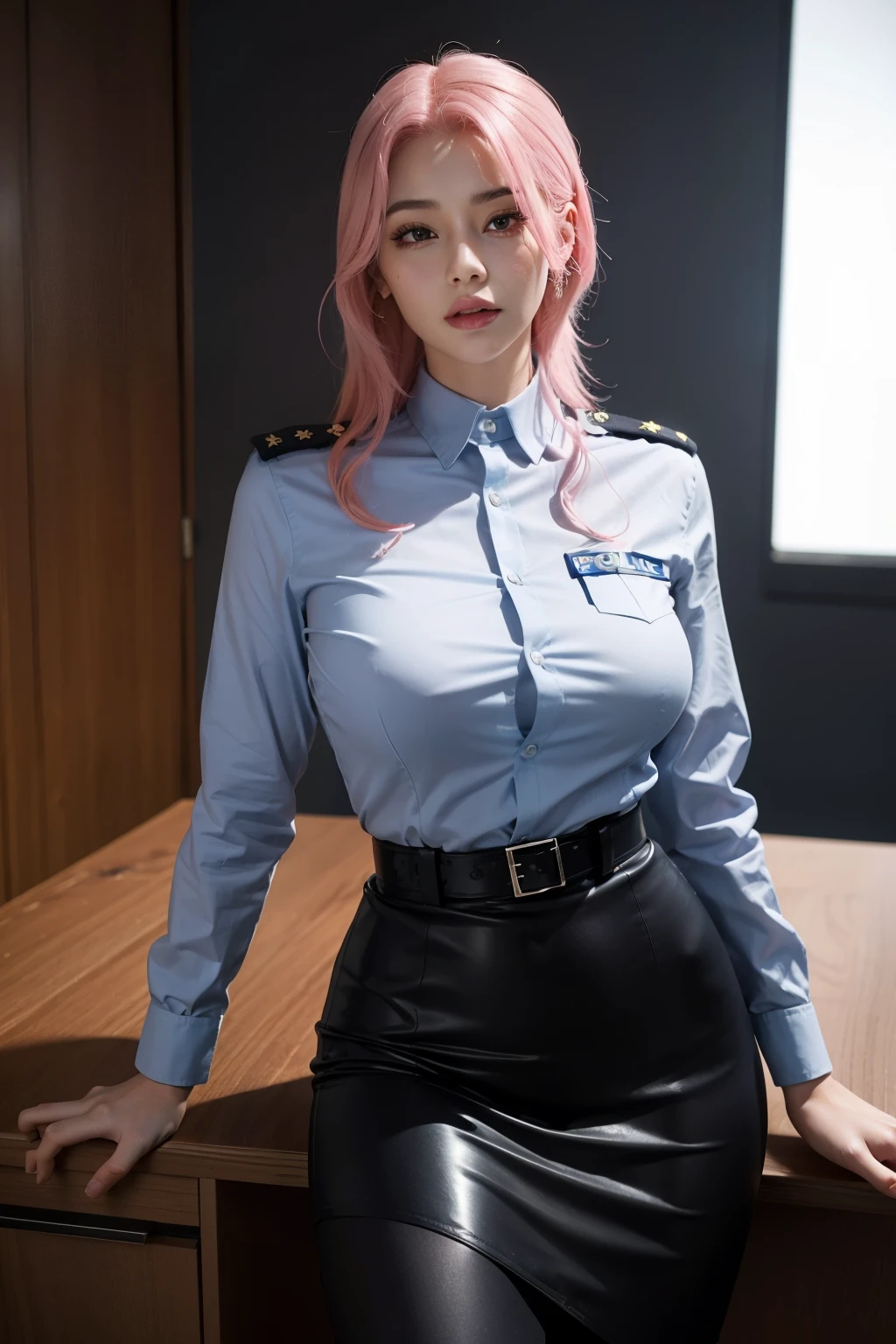 （（cop uniform:1.5））、​masterpiece、（top-quality）、One Ukrainian woman、、in her 20s、（Pink hair:1.3）、（pink eyebrows:1.3）、Pink eyes、bra with pink lace、cleavage of the breast、watching at viewers、Smile、（Black Short Tight Skirt:1.2）、The background is inside the police station