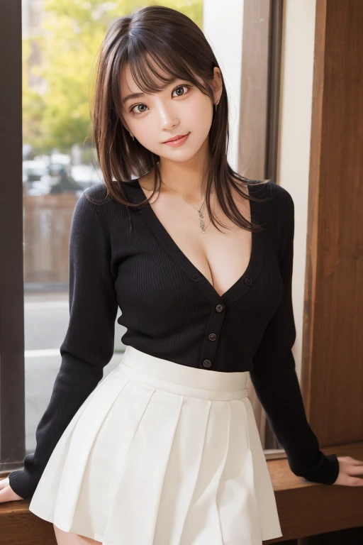 Laughter、smile、night、born、(((ultimate beauty portrait)))、((glowing skin))、1 girl、15 year old beautiful girl from Prague、bright look、((brown hair))、(cleavage)、(flare skirt:1.5)、((Big eyes that shine like jewels))、open cardigan、open your clothes、pantyhose、Glossy and glossy skin、(medium hair)、(silky ponytail hair)、( Are standing)、(from below)、under the skirt、(from below下着の接写)、eyeliner、beautiful bangs、hair between eyes、((masterpiece、最high quality、super detailed、film light、intricate details、High resolution、very detailed))、detailed background、8KUHD、Digital single-lens reflex camera、soft light、high quality、film grain、Film XT3 、shallow depth of field、natural soft light、Kamimei、rich bust、