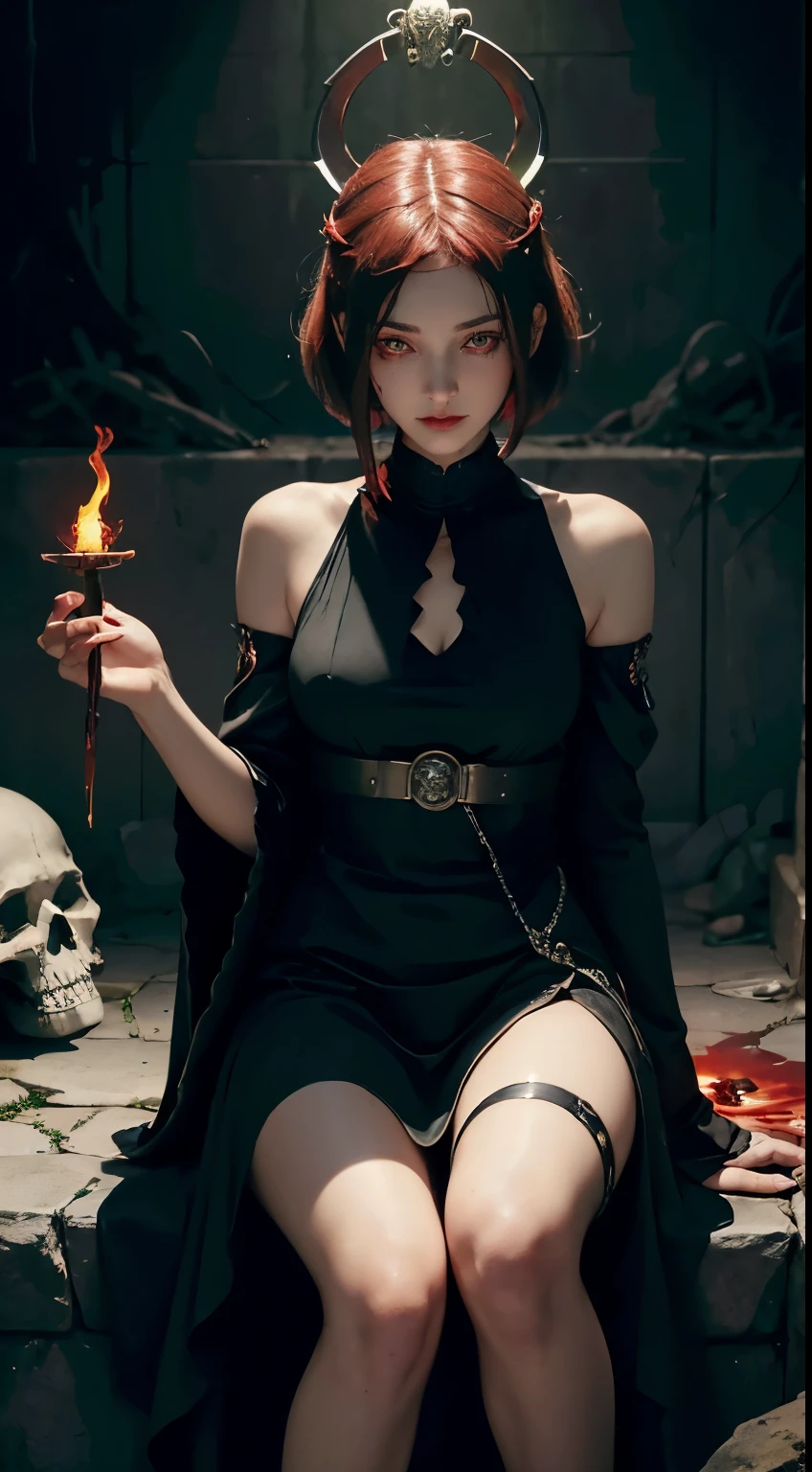 ((Full body):1.5) (({1/woman/human/beautiful}):2). Just {1/woman/human/beautiful}:((wearing a ripped black t-shirt, ripped jeans, sit on the clothes):1.3). Only {1/woman/human/beautiful}:((has short red hair, red eyes):1.5). Just {1/woman/human/beautiful}:((striking extroverted poses, sitting on a rock, looking at the viewer, smiling evil):1.). In a macabre forest with several headstones and a small fog, ((it's night, and several candles on the ground illuminate the place):1.4), Hyperrealism, 16k, ((super detail, high details):1.3), UHD, masterpiece