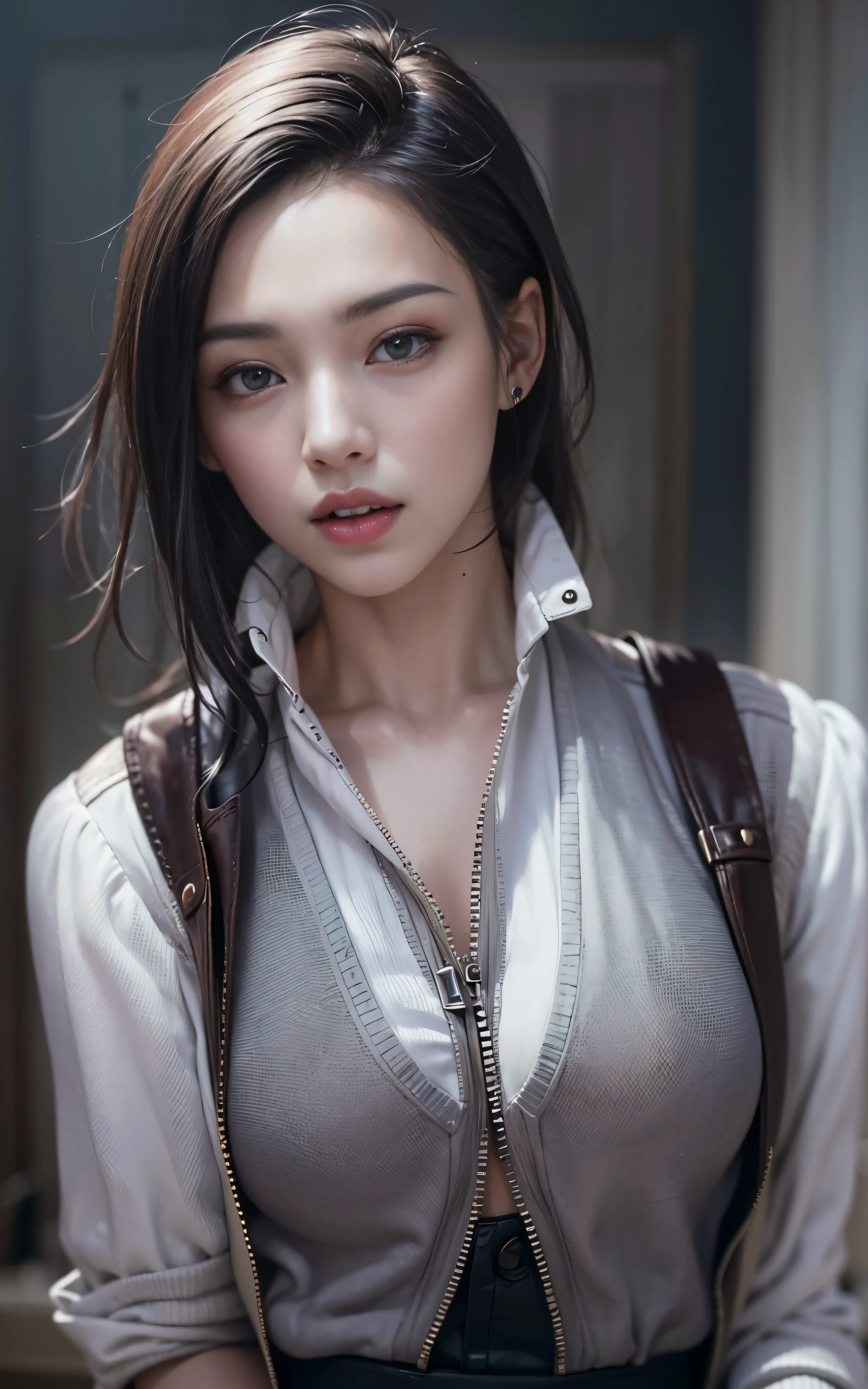 highest quality,masterpiece,High resolution,(beautiful face),looking at the viewer,Are standing,((Half body)),((White vest)),((black leather skirt)),gloved hands,right arm hanging down