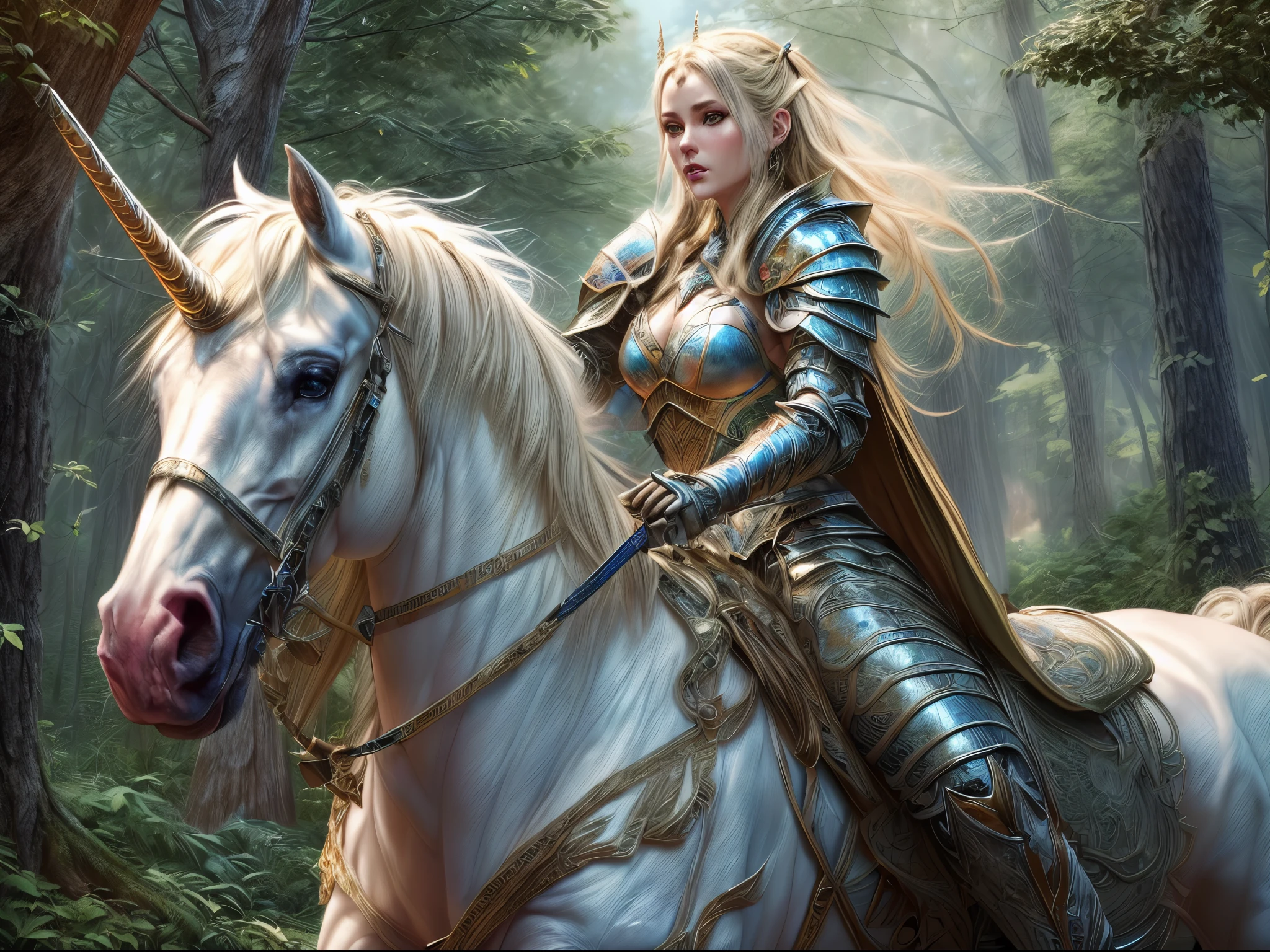 a illustration of a beautiful female elf knight riding a unicorn in the forest, female elf knight, extremely beautiful female elf (best details, Masterpiece, best quality: 1.5), ultra feminine princess, ultra detailed face (best details, Masterpiece, best quality: 1.5), determined face, ready for war, blond hair, long hair, wavy hair, dynamic eyes color, armed with a long sword, wearing leather armor, elven armor  F41Arm0rXL (best details, Masterpiece, best quality: 1.5), white unicorn (best details, Masterpiece, best quality: 1.5), fantasy forest and some clouds in the background, fantasy art dnd art, RPG art magv1ll, Ultra-Wide Angle, high detail, award winning, best quality, HD, 16K, high details, best quality, absurd highres, ultra wide angle, photorealistic, ultra realistic [[anatomically correct]], high details, best quality, 16k, [ultra detailed], masterpiece, best quality, (extremely detailed), ultra wide shot, photorealistic,