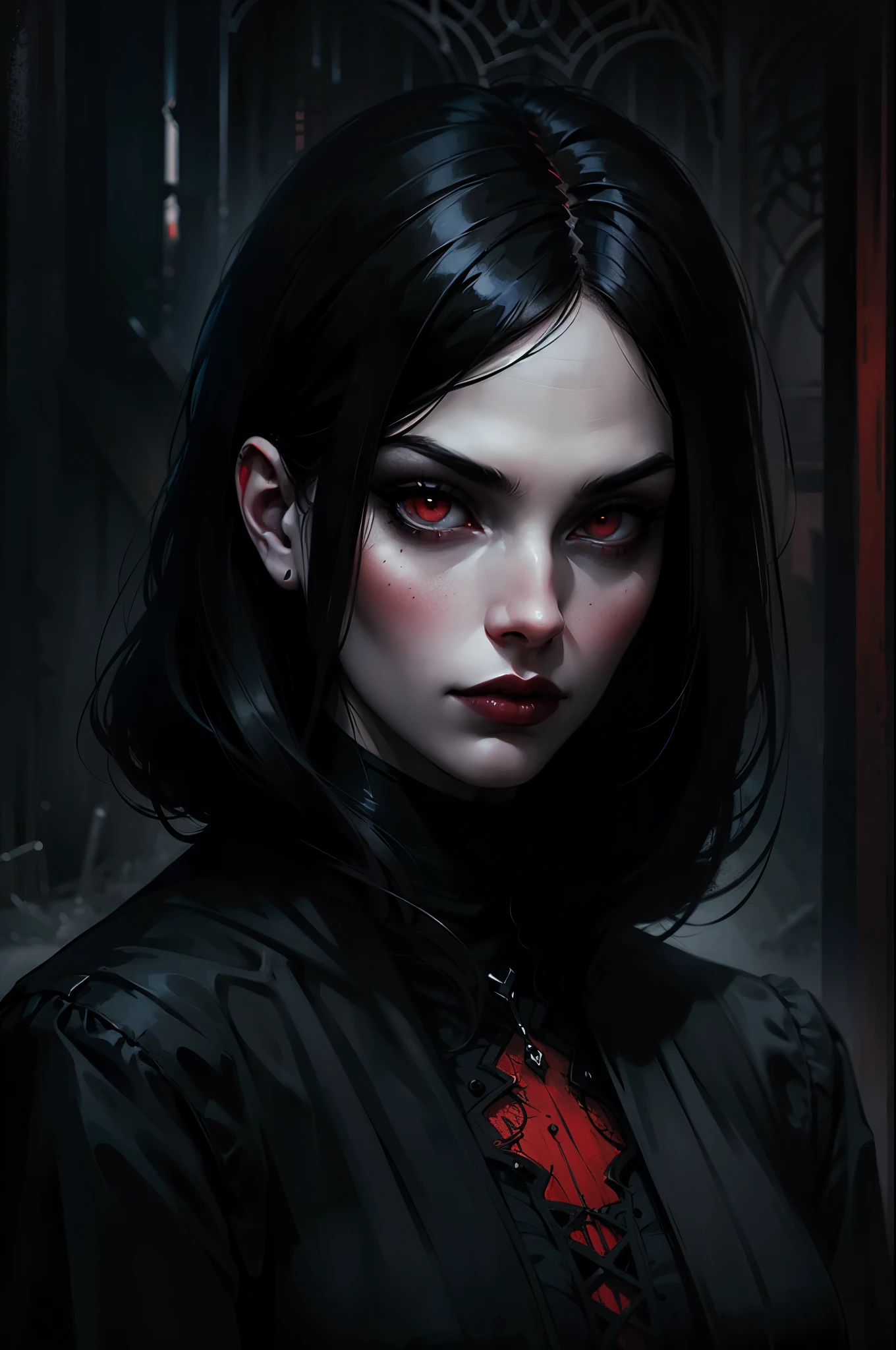 Woman with black hair and red eyes in black outfit, Vampire Girl, Dark, But detailed digital art, dark fantasy style art, Portrait of a vampire, androgynous vampire, Dark art style, style of charlie bowater, gothic horror vibes, tom bagshaw artstyle, gothic art style, dark fantasy portrait, neoartcore and charlie bowater