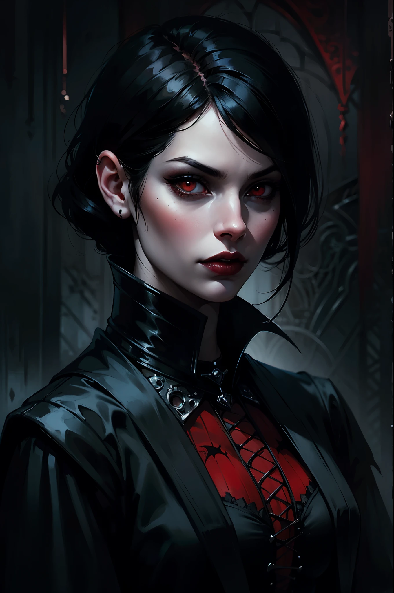 Woman with black hair and red eyes in black outfit, Vampire Girl, Dark, But detailed digital art, dark fantasy style art, Portrait of a vampire, androgynous vampire, Dark art style, style of charlie bowater, gothic horror vibes, tom bagshaw artstyle, gothic art style, dark fantasy portrait, neoartcore and charlie bowater