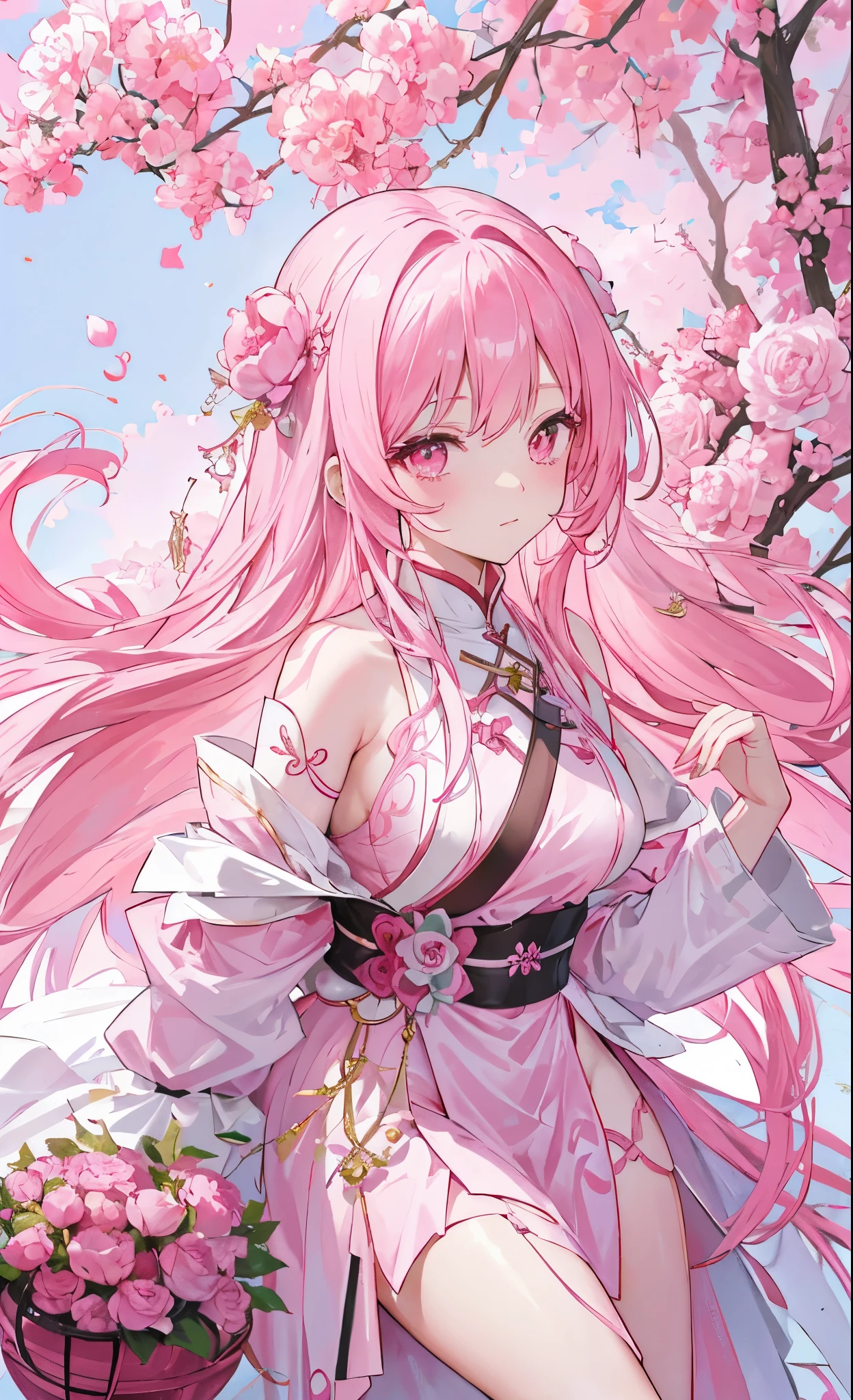 Pink peonies for decoration，Long light pink hair，Dark pink and white clothes，Fairy Sister of Hehuan Sect，A crazy beauty who knows how to whip slaves！