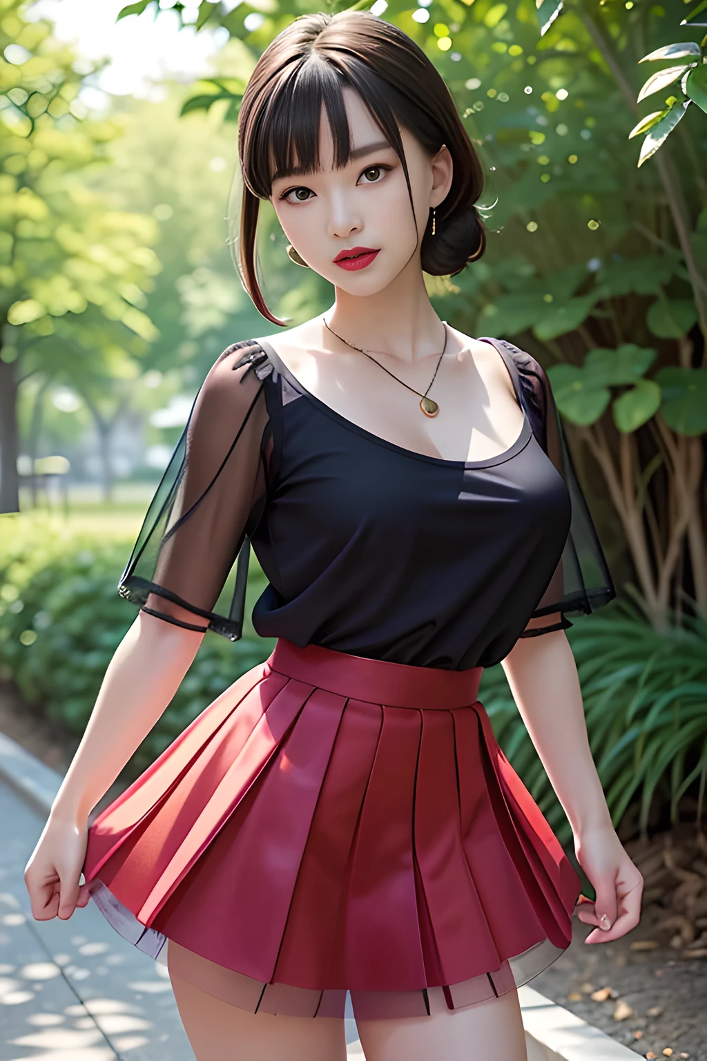 1 girl,seven waves,(mesh shirt: 1.3), (Tulle skirt: 1.4),outdoor,  (standing posture),jewelry,grace,(((red lips))), Lips slightly open,  clavicle,Lactation,(huge breasts),((8k, original photo, top quality, masterpiece), HD RAW color photos professional close-up photos, (actual, photorealism: 1.37), (best quality),8k,soft sunshine, Fabric luster,alone,