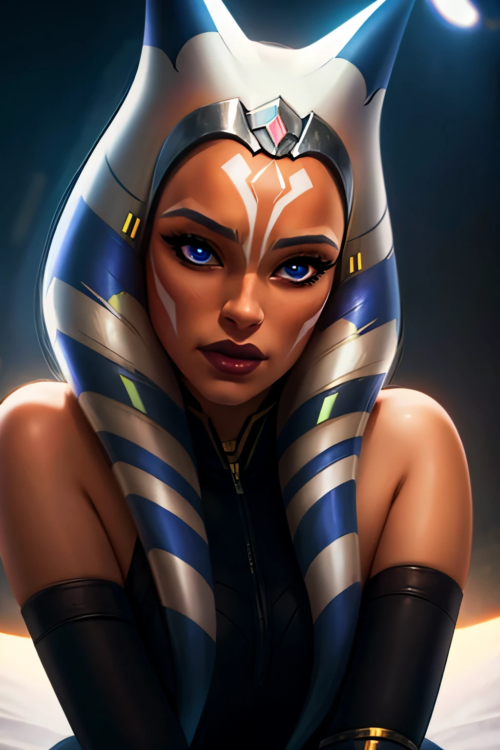 1girl, ahsoka tano, ahsoka armor, skinny, leaning forward, close-up, pov, bites his lip, horny face, seductive position, beautiful face, detailed eyes, depth of field, masterpiece, high quality, highres 