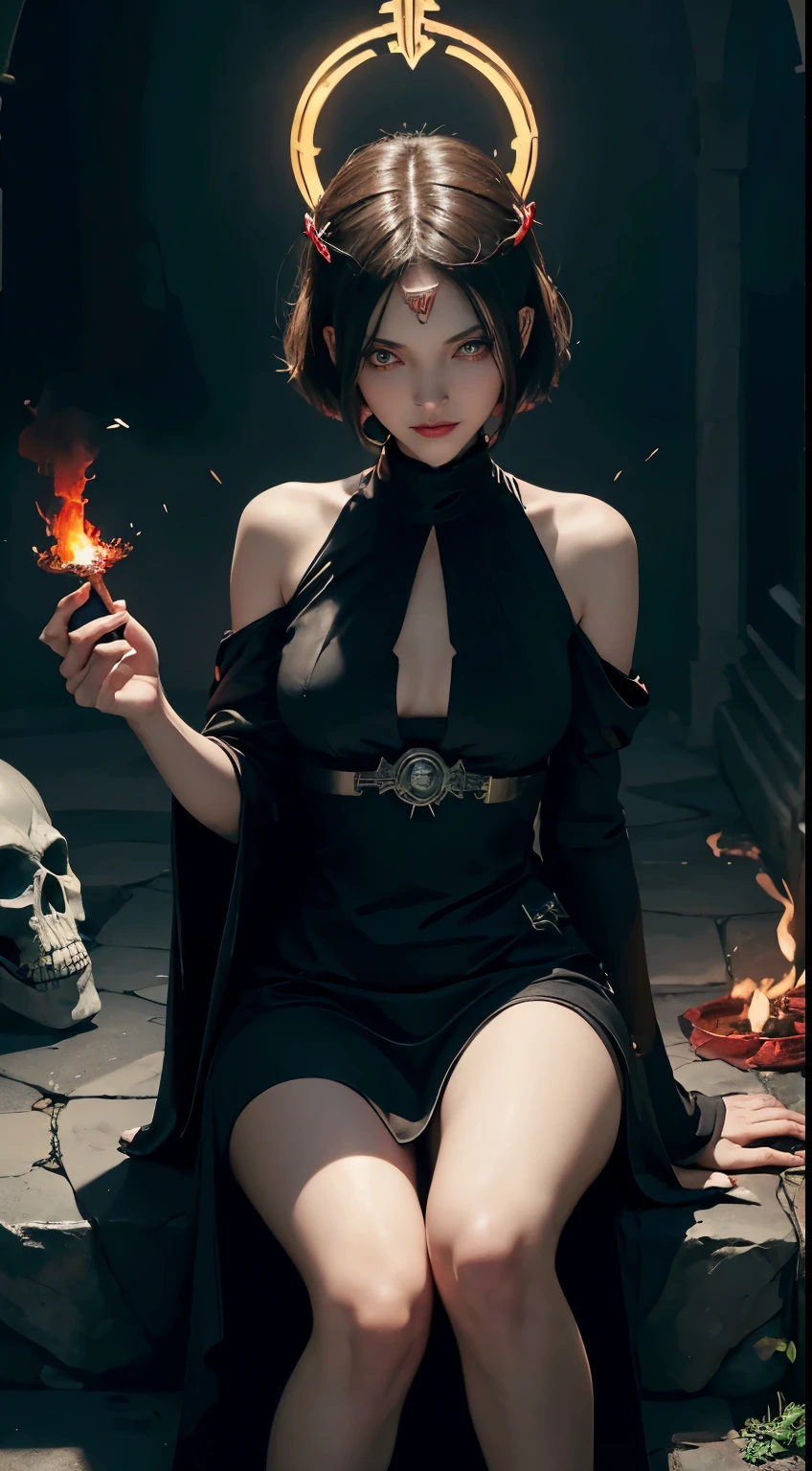 Dieselpunk necromancer girl  with  dark green eyes preparing to attack by grabbing skull in water body inside cave ,  magical pentagram, realistic proportion,black dress,haunted ,hair down, hair jewellery, dimmed light, glowing skulls, fire stick on wall,crawling towards left,on knees and hands searching something on ground,spells,grinning, enchanting, dark green eyes, red skull,blue skull, florescent skull, halo with single  horn,hair ornament, hairclip, shorts,unorganized hair,bob cut, no make up, sleeves past fingers, sleeves past wrists,small drop of blood on lips,fire stick,blood thirsty eyes,plate,blood splashing、voodoo priestess design,(((masterpiece))), ((eye detail)), ((face detail)), ((delicate feature)), ((best quality)), ((best artist)), ((perfectly delicate physiognomy)), ((best illustration)), ((blood red eyes detailed)), in a lighting seen from above (((dark))), (neutral)) (((showing the detailing of the flickering eyes))) as if they were torches, dungeon door opening behind 