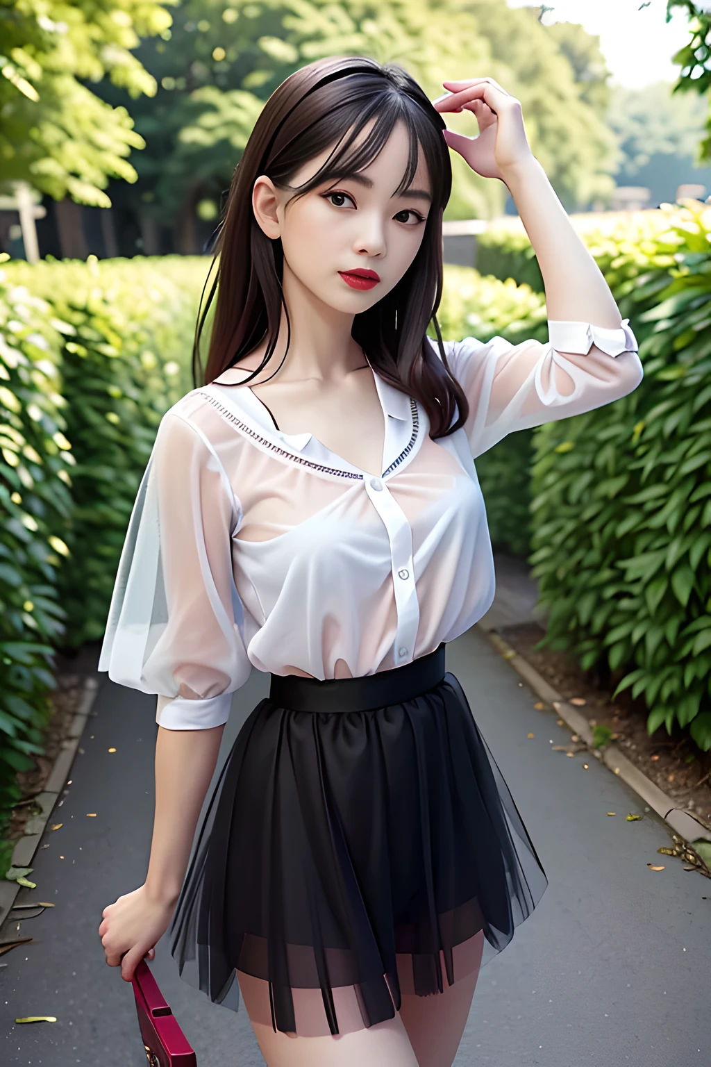 1 girl,seven waves,(mesh shirt: 1.3), (Tulle skirt: 1.4),outdoor,  (standing posture),jewelry,grace,(((red lips))), Lips slightly open,  clavicle,Lactation,(huge breasts),((8k, original photo, top quality, masterpiece), HD RAW color photos professional close-up photos, (actual, photorealism: 1.37), (best quality),8k,soft sunshine, Fabric luster,alone,