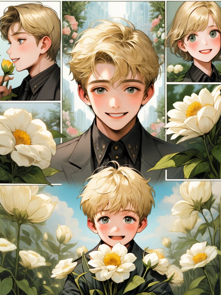 masterpiece, collage of little boy holding flowers, happy, short blond hair