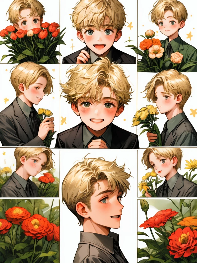 masterpiece, collage of little boy holding flowers, happy, short blond hair