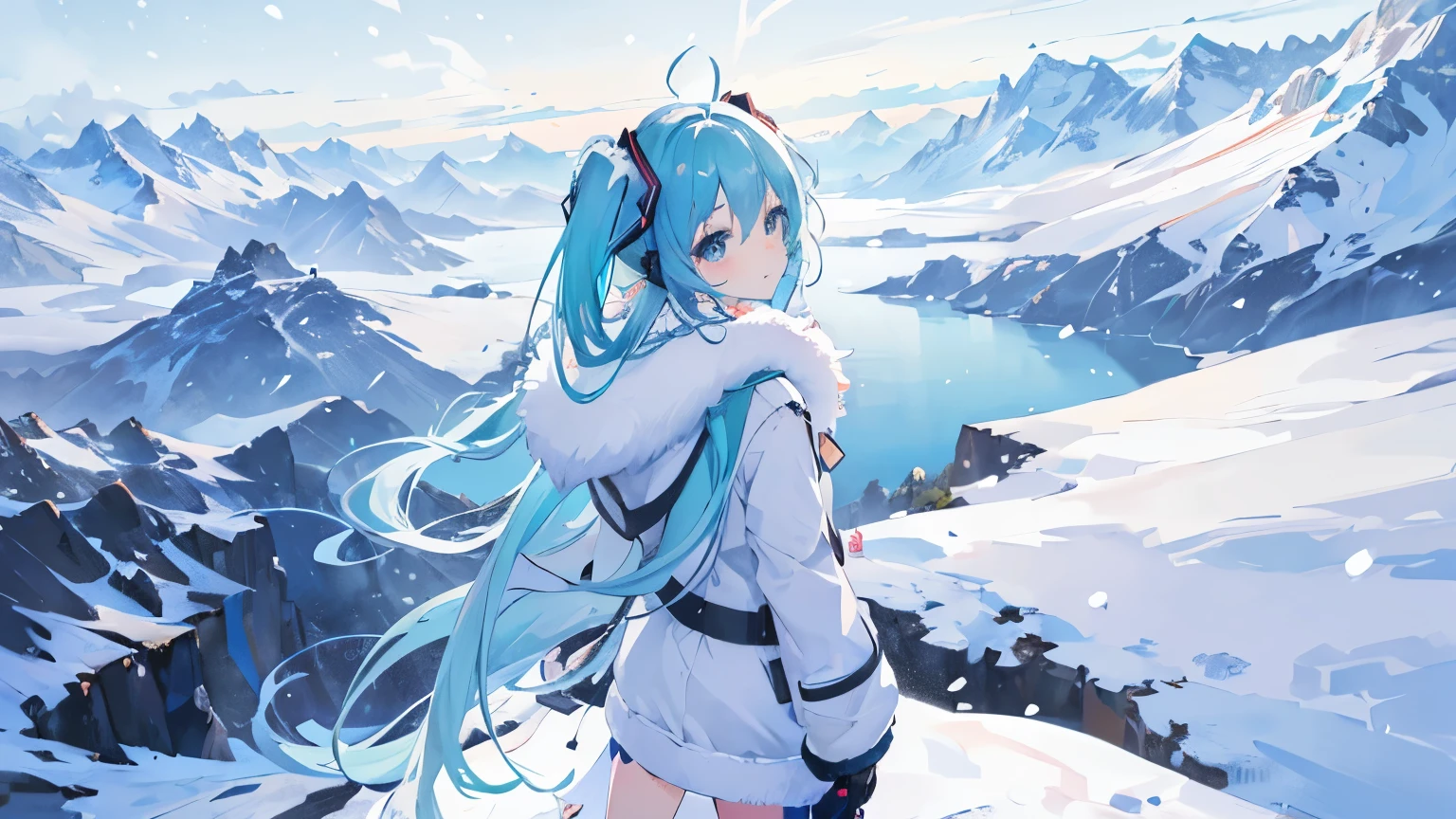 Hatsune Miku, (white fur:1.2), (warm clothes:1.2), Bird's-eye view, landscape, winter mountain, (Nature:1.2), (falling shining snow:1.2), (masterpiece), (Best Quality, 8K, High resolution), Ultra-detailed