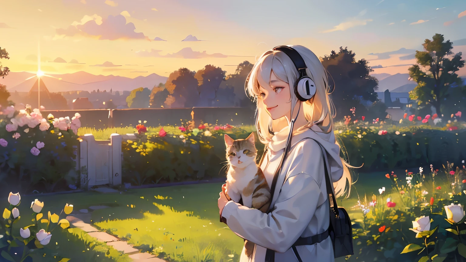 ((masterpiece)),(((bestquality))),((ultra-detailed)) realisticlying, 1 girl, Beautiful, a cat, Standing, wearing a sweater, Beautiful sunrice, solo, The sky at morning, Face smile, looking away, white rose, garden city,  happy. using headphones,