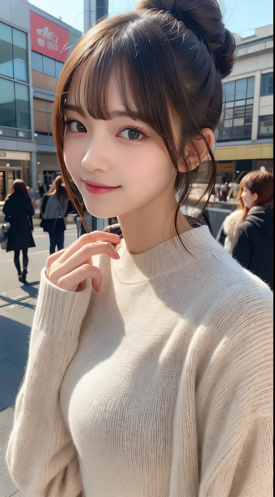 masutepiece, Best Quality, Illustration, Ultra-detailed, finely detail, hight resolution, 8K Wallpaper, Perfect dynamic composition, Beautiful detailed eyes, Trendy Women's Fashion Winter Clothes,Bun hair,Small breasts natural color lip, sexypose,Smile,Harajuku、20 years girl、Cute、is looking at the camera