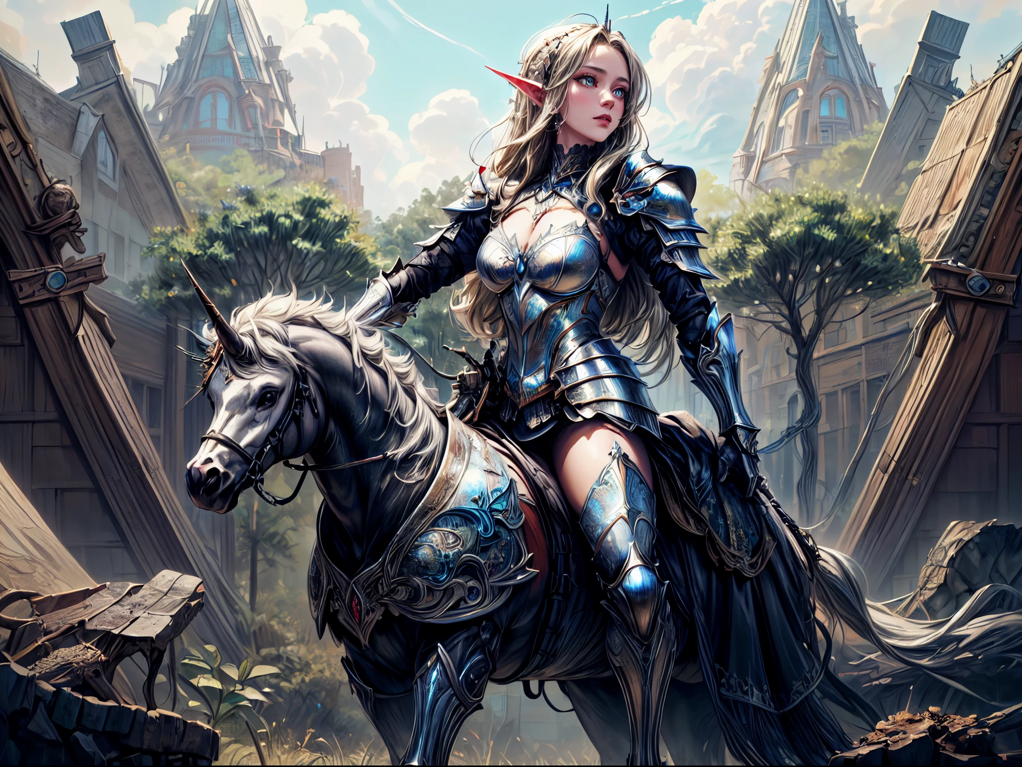 a illustration of a beautiful female elf knight riding a unicorn in the forest, female elf knight, extremely beautiful female elf (best details, Masterpiece, best quality: 1.5), ultra feminine princess, ultra detailed face (best details, Masterpiece, best quality: 1.5), determined face, ready for war, blond hair, long hair, wavy hair, dynamic eyes color, armed with a long sword, wearing leather armor, elven armor (best details, Masterpiece, best quality: 1.5), white unicorn,  fantasy forest and some clouds in the background, fantasy art dnd art, RPG art magv1ll, Ultra-Wide Angle, high detail, award winning, best quality, HD, 16K, high details, best quality, absurd highres, ultra wide angle, photorealistic, ultra realistic [[anatomically correct]], high details, best quality, 16k, [ultra detailed], masterpiece, best quality, (extremely detailed), ultra wide shot, photorealistic,