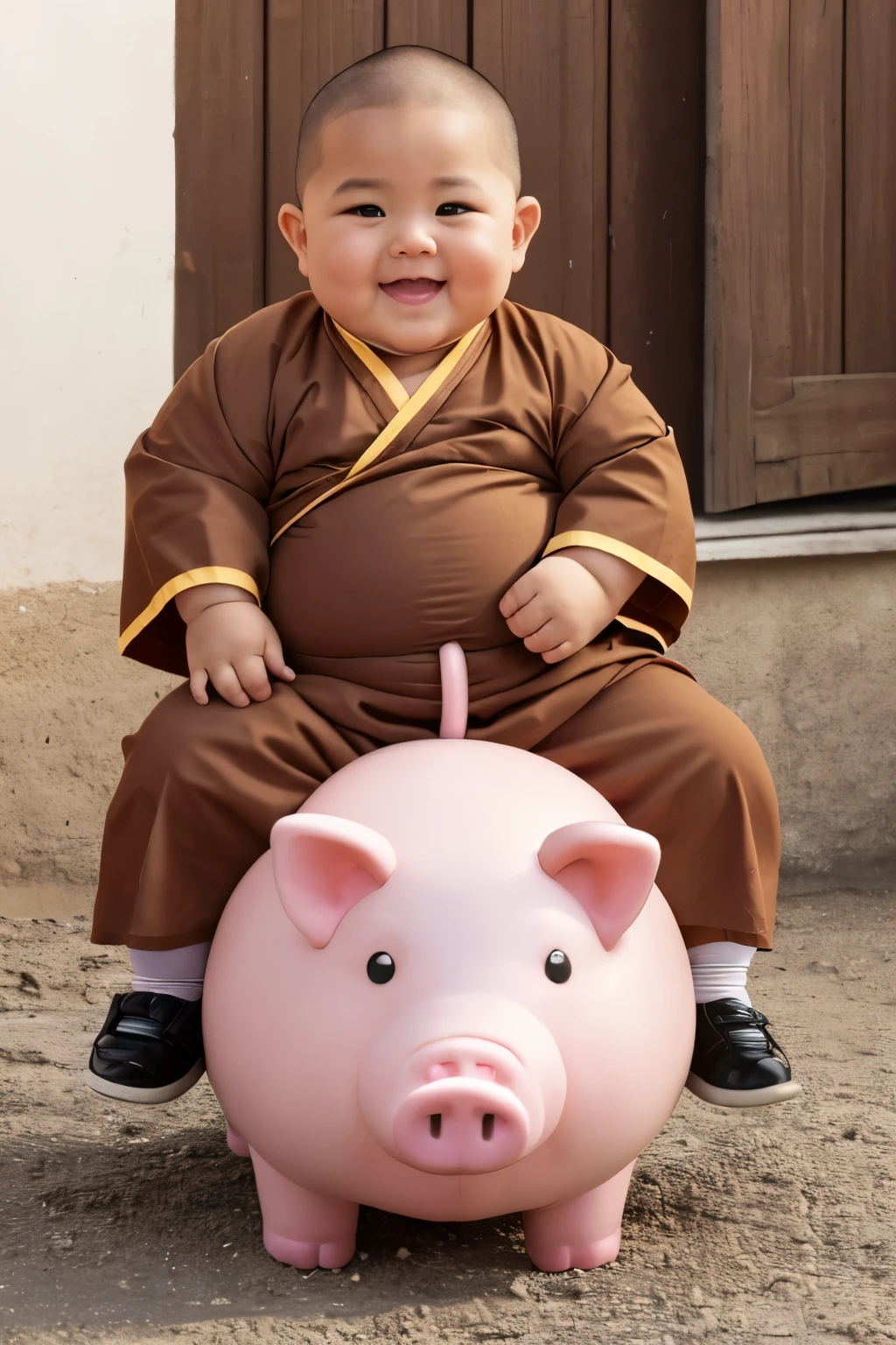 little monk, cute, cute little monk, 1 year old monk, chubby, very chubby, fat, obese, obese little monk, chubby face, chubby cheeks , smiling, smiling happily, hands clasped, riding a pig, riding on the back of a pig, sitting on a pig, pig, gentle pig, realistic image, sharp image, image 16K quality