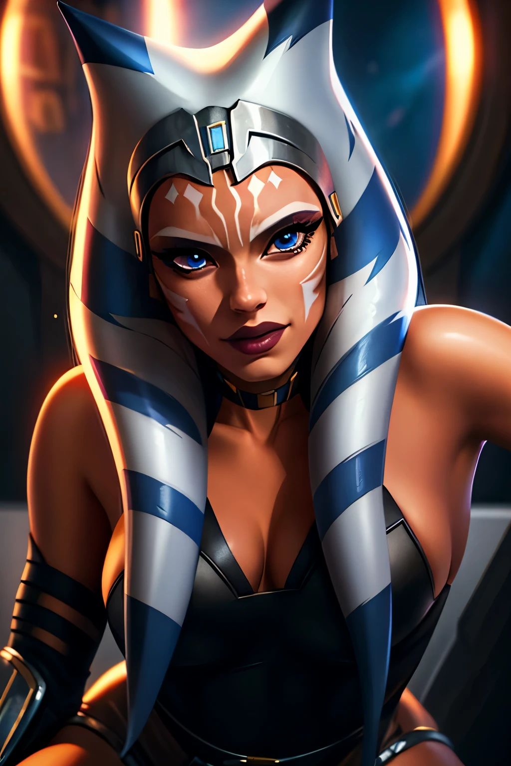 1girl, ahsoka tano, ahsoka armor, skinny, pov, bites his lip, horny face, seductive position, beautiful face, detailed eyes, depth of field, masterpiece, high quality, highres 