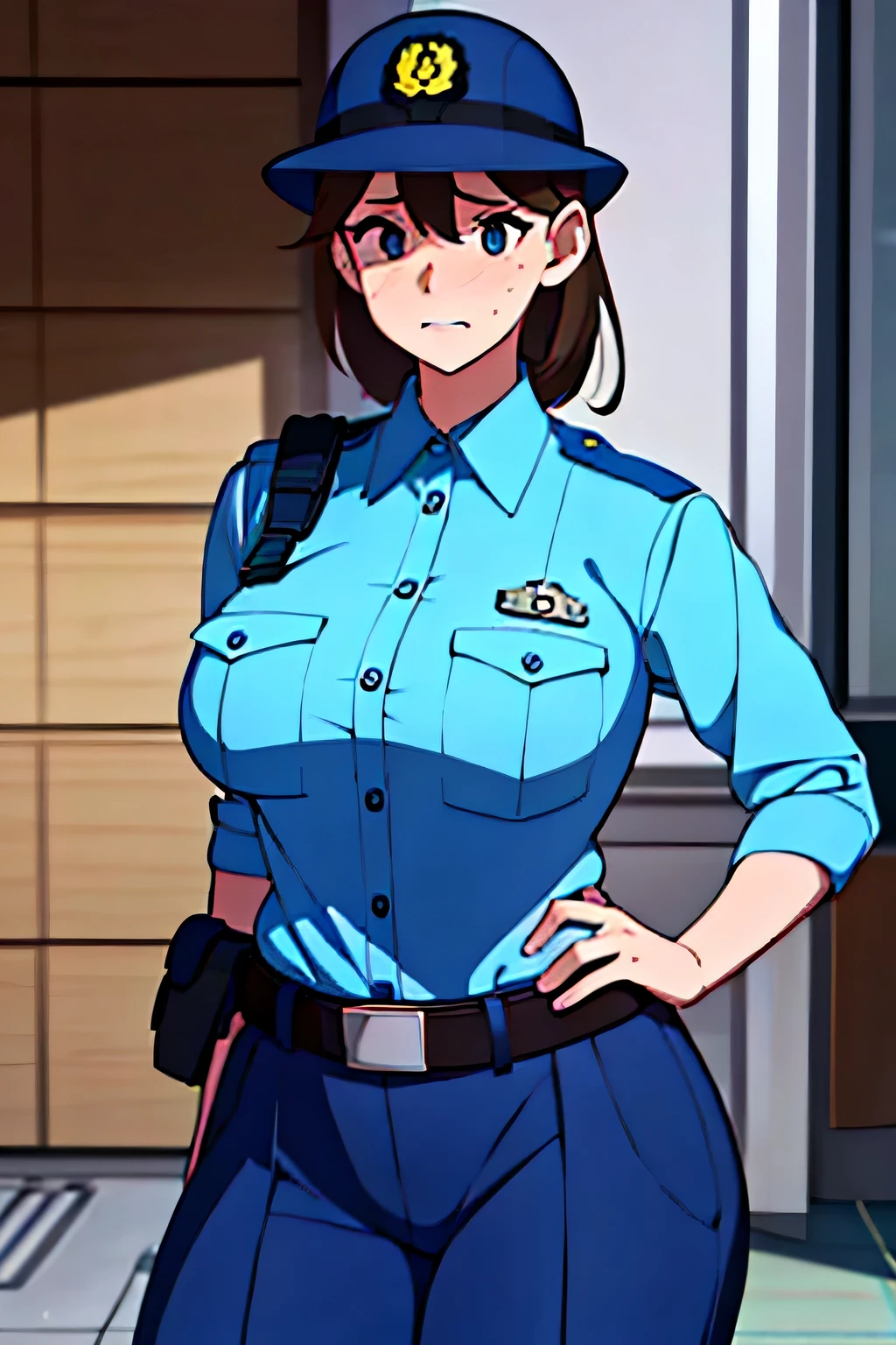 large breast,police uniform, light blue shirt, blue pants, breast pocket, best quality, masterpiece,blue cap,black belt,policewoman,jp-police,brown hair,nsfw,embarrassed,white skin,realistic