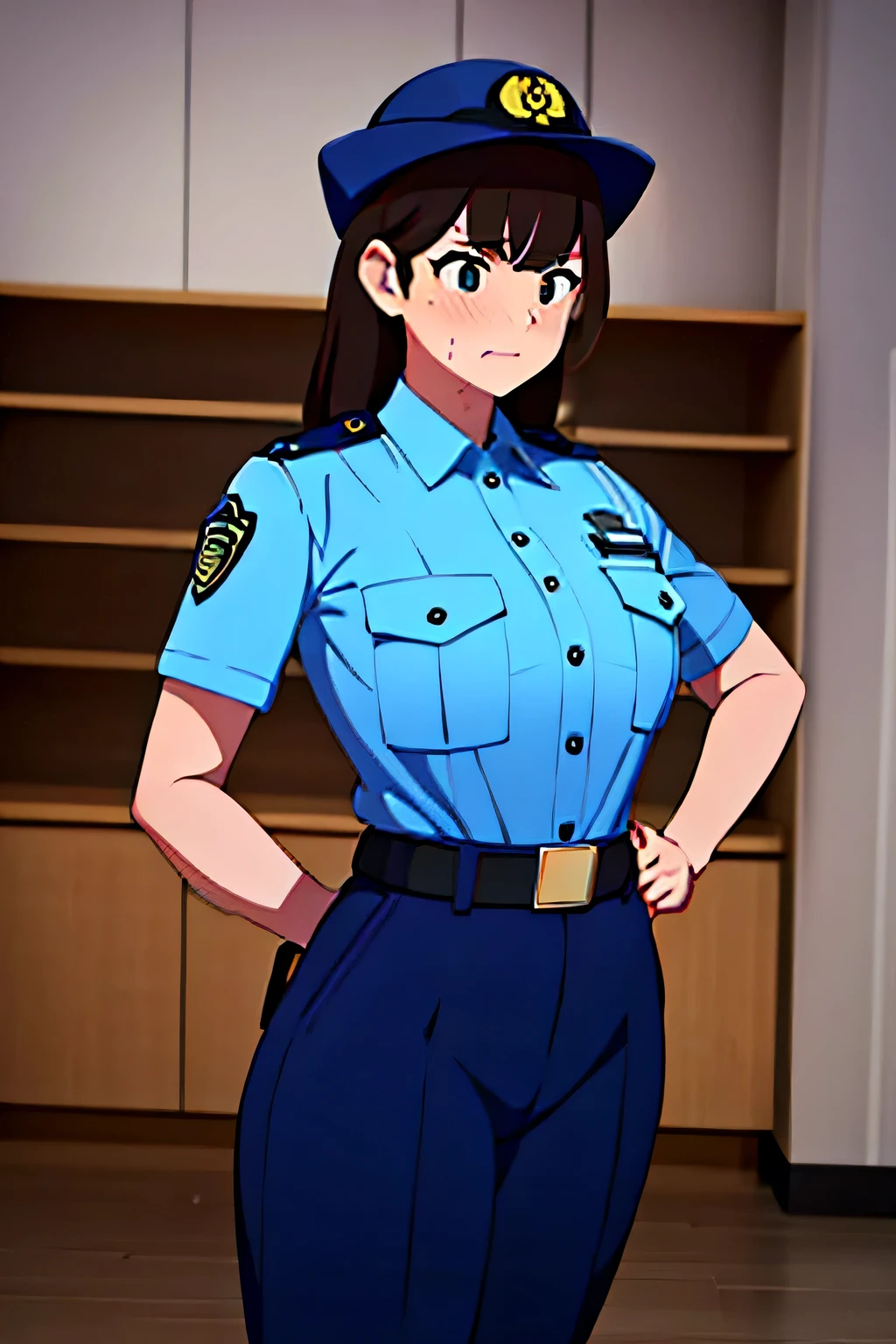 large breast,police uniform, light blue shirt, blue pants, breast pocket, best quality, masterpiece,blue cap,black belt,policewoman,jp-police,brown hair,nsfw,embarrassed,white skin,realistic