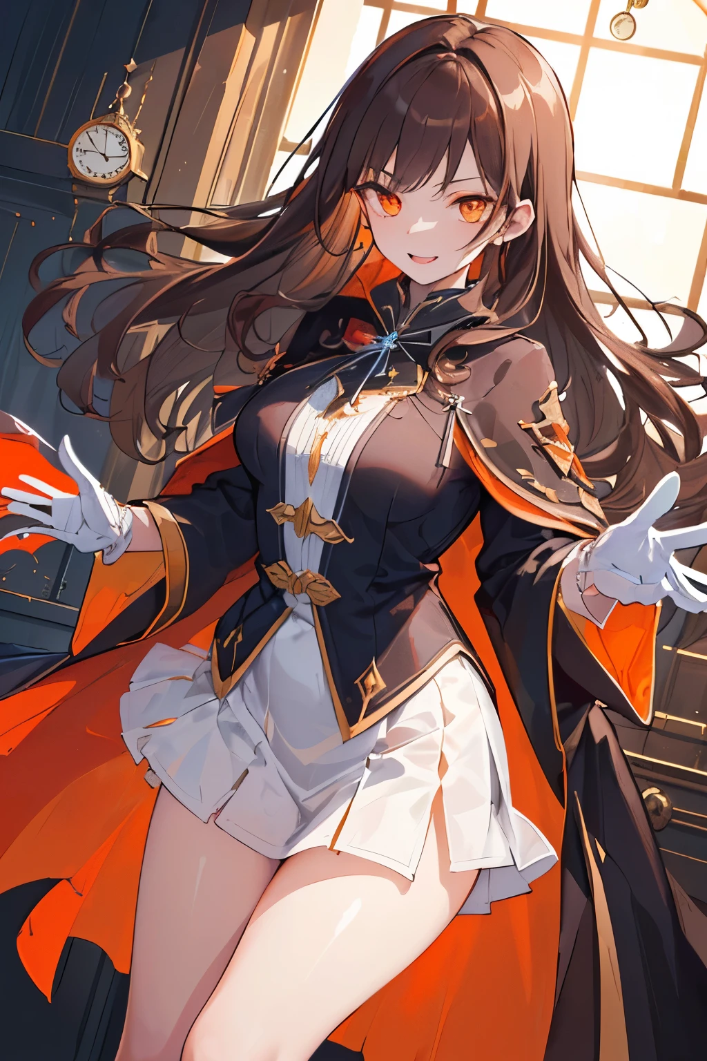 (((1girl))), ((best quality)), ((masterpiece)), ((ultra-detailed)), (illustration), (detailed light), (an extremely delicate and beautiful), (beautiful detailed eyes), (sunlight), ((extremely light)),  ((extremely clothes)), (((hyper detail))),(((((front lighting))))),(((((front light))))),

((((quite adorable and erotic Warlock's robe with a brief skirt)))), (((High Class Warlock))),
, 

wavy long hair, ((((dark brown hair)))), (((long hair))), 
(((deep orange eyes))), 

(((whole body))), aged 8 to 12, ((((())))),
((condescending expression)), ((mischievous smile with sexual satisfaction)),  (((extra adorable))), (((((extra slender shape))))), 
(((extremely beautiful detailed face))), (((surrounded by too many floating transparent round clocks))),

(((attacking enemies by a spell of over-clock))), 

(((((Dutch angle))))), (((white gloves)))