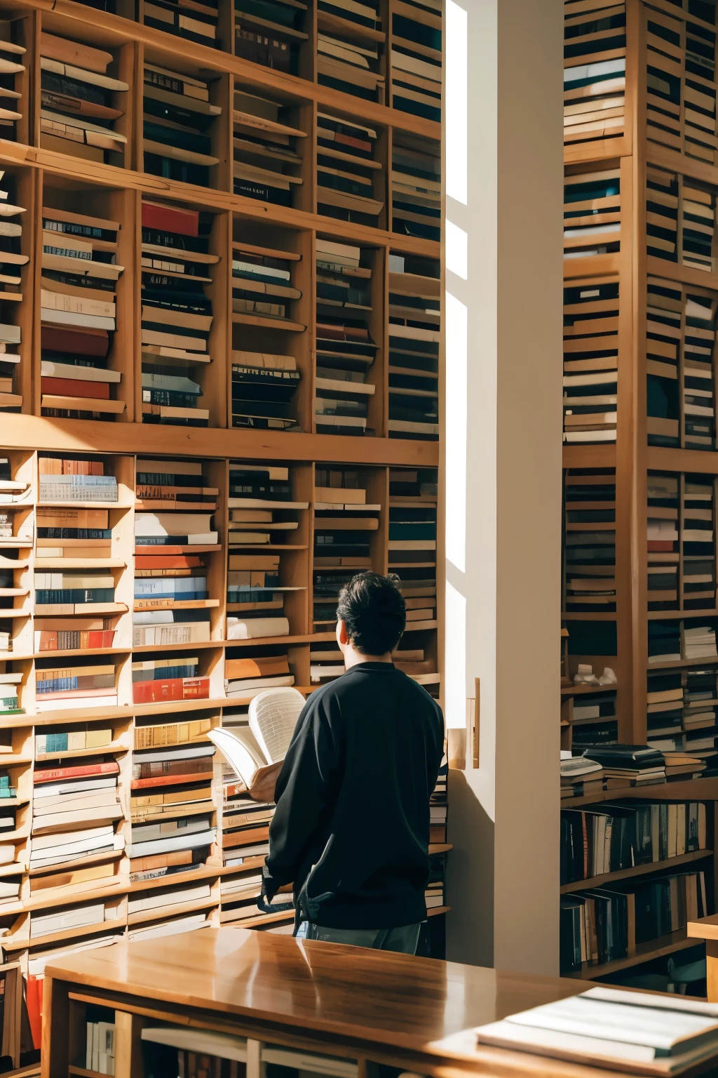 A person stares at the huge wall of books in front of him in a daze