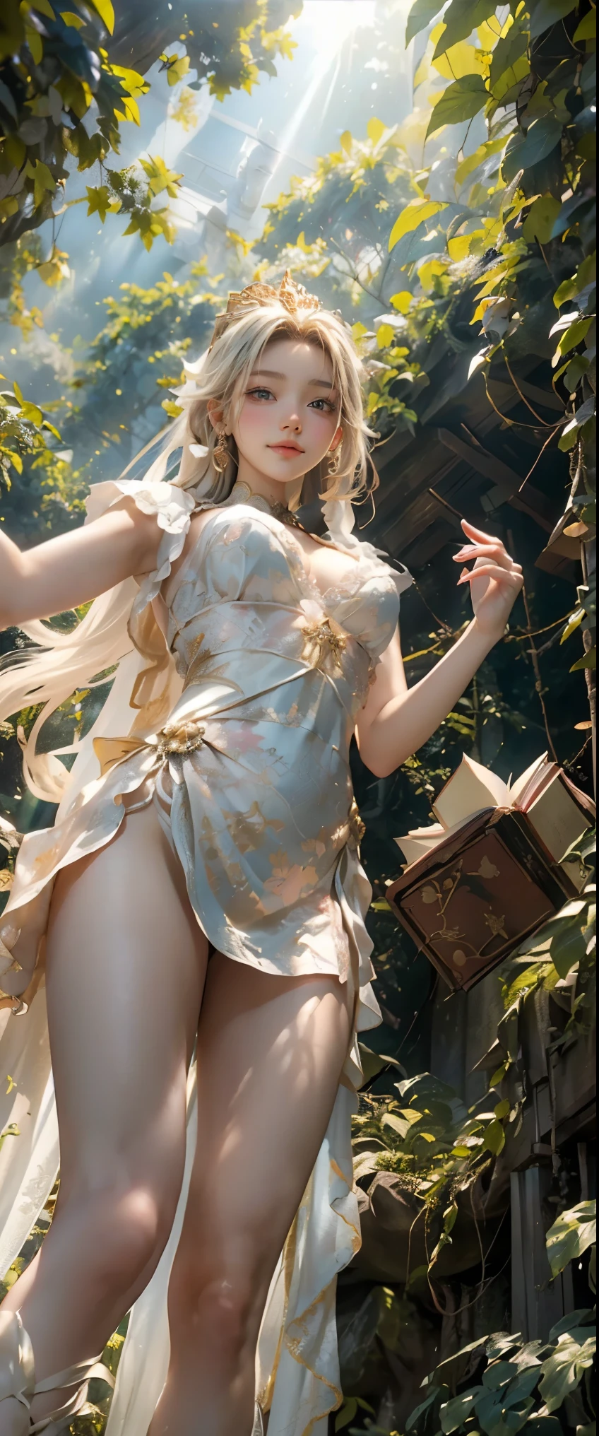 masterpiece、detailed、shiny skin、少女と白馬が寄り添ってAre standing、Japan woman in her late teens、(god々beautiful pure white unicorn:1.3)、(god聖な森の泉で少女とユニコーンが体を清める:1.3)、Are standing、big breasts、(cleavage)、big ass、(thigh focus)、pink long blonde、ponytail、brown eyes、(非常にdetailedな目と顔)、Accurately drawn face、(A white lace cloth is wrapped around her bare skin.)、intricately designed details、(best ratio 1 thumb、Refers to 4 books:1.3)、(Gold tiara)、(dynamic pose:1.3)、(Ghost Smile)、(view from below:1.5)、(sunlight filtering through the foliage:1.3)、