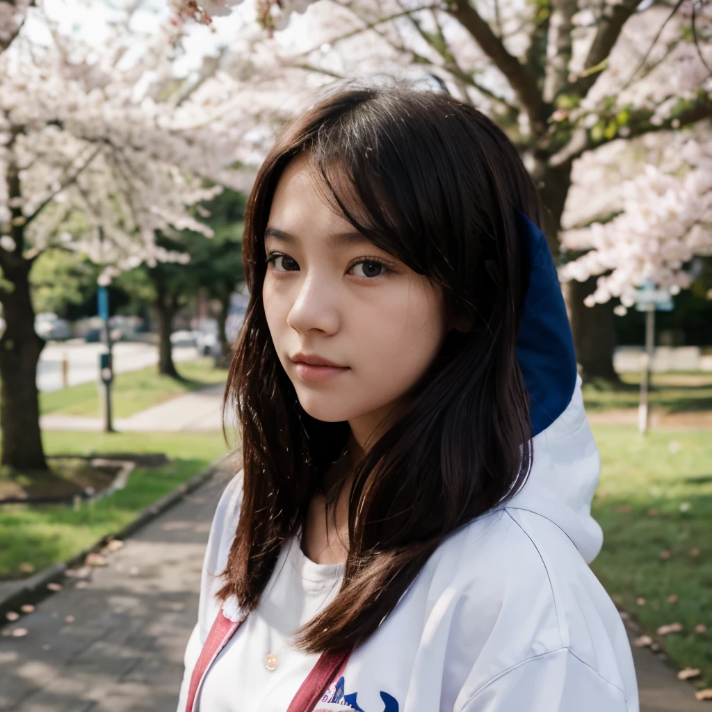 Imagen, photography of a 17 year old Asian woman is hiding behind cherry blossom, wearing a hoodie jacket, pale skin, blue eyes, analog camera Nikon D850 f/16, high detailed