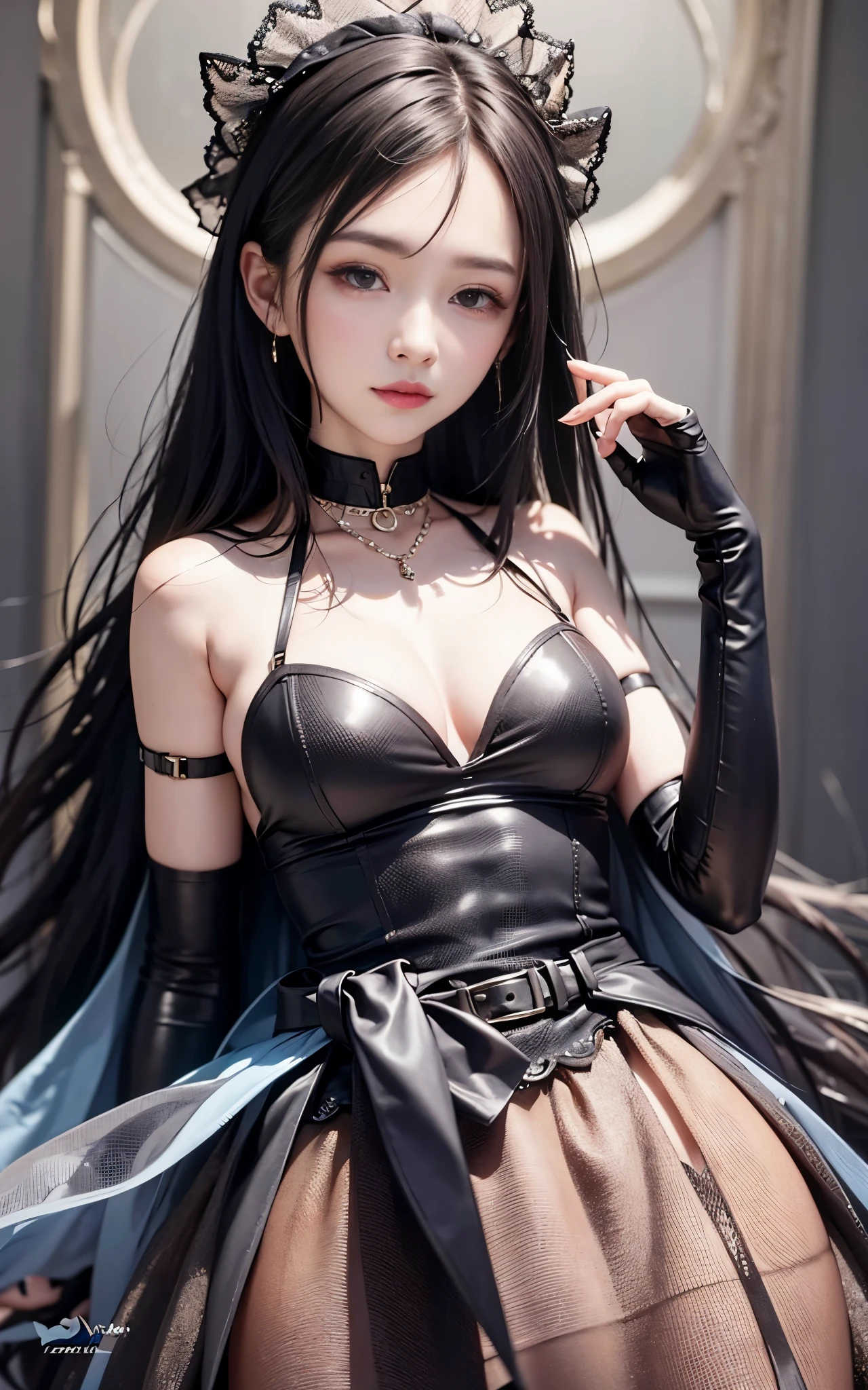best quality，master piece，High resolution，(beautiful face)，looking at the viewer，Are standing，（（Half body）），（（White vest）），（（black leather skirt）），Hands in gloves，right arm hanging down