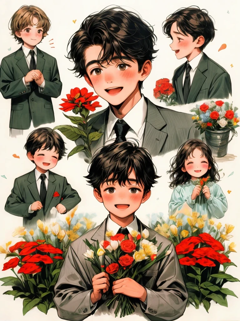 masterpiece, collage of little boy holding flowers, happy