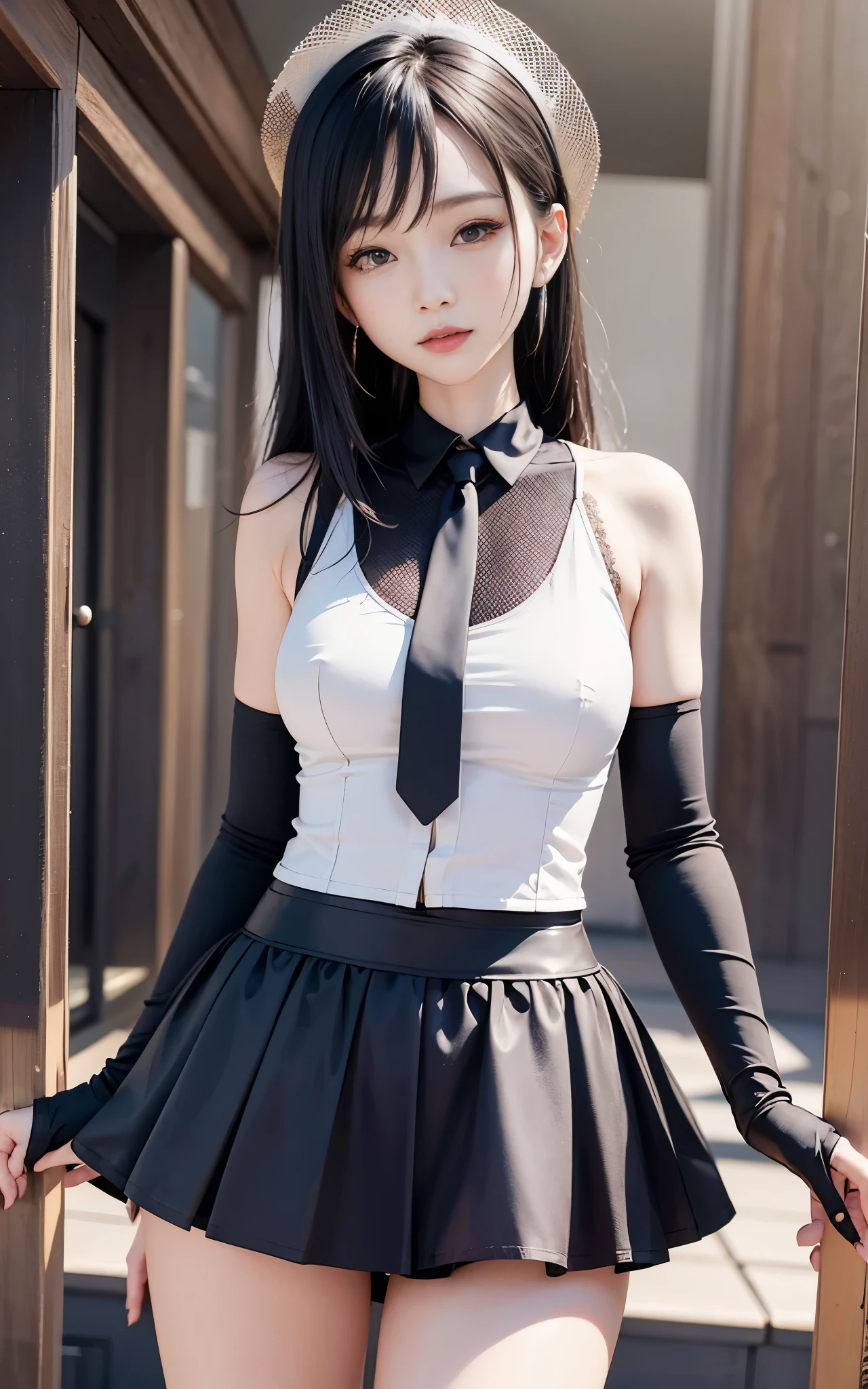 best quality,master piece,High resolution,(beautiful face),looking at the viewer,Are standing,((Half body)),((White vest)),((black leather skirt)),Hands in gloves,right arm hanging down