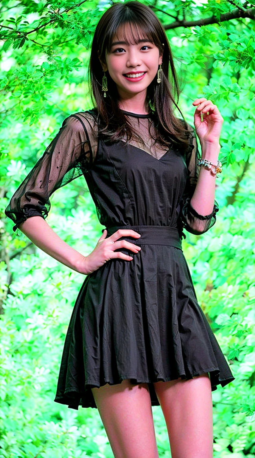 masterpiece, great work, whole body, 1 girl,  mini skirt, blush, bracelet, beautiful breasts, , gradient hair, long hair, looking at the audience, loose earrings, checked skirt, red eyes, ring, smile, alone,  fashion, woman, vitality,  take a pose, front, colorful,concentrated、whole body画像(1:5）、thin legs、Are standing、put your hands on your hips、idol costume、boots、whole body画像、Chest emphasis、pink costume、stand with legs apart