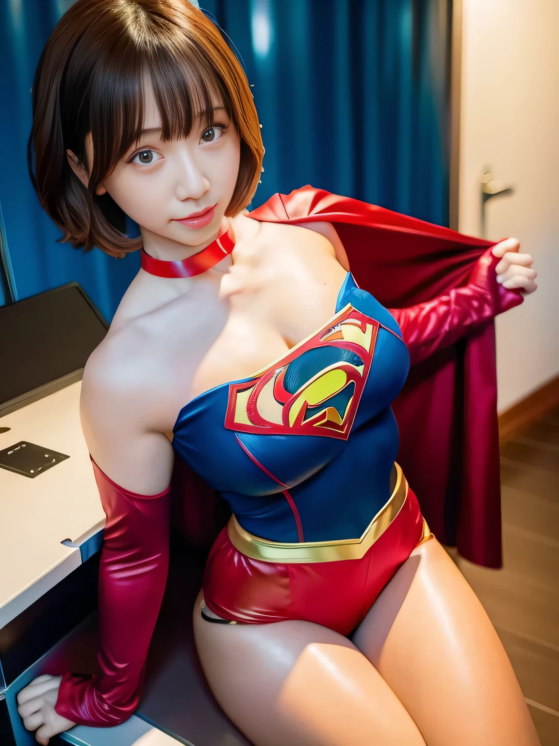 masterpiece,Supergirl costumes, short hair, barefoot, big and full breasts,operating room、operating table、straddle、torn costume、shiny、look at the camera、choker、long sleeve、red mini skirt