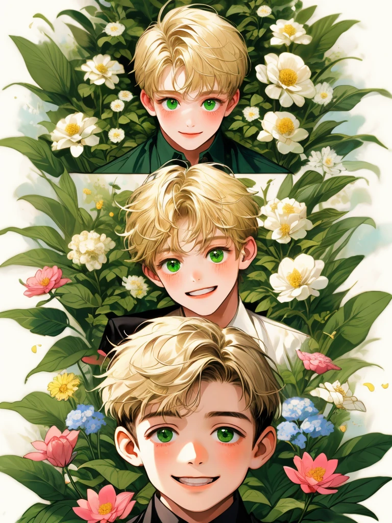 masterpiece, collage of little boy holding flowers, happy, short blond hair