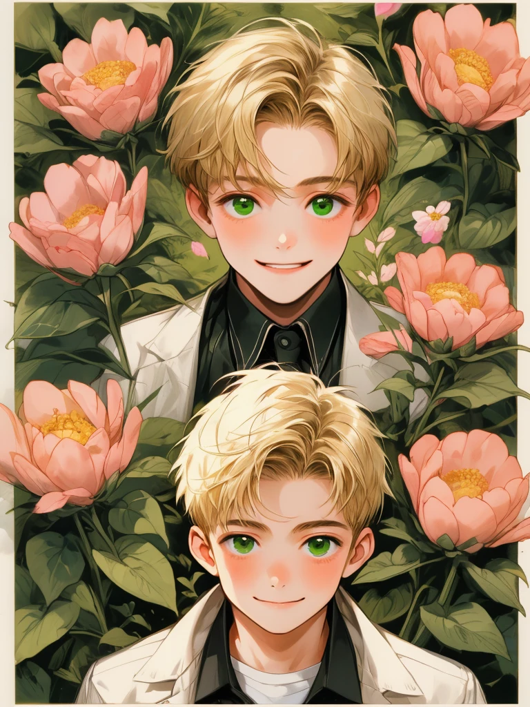 masterpiece, collage of little boy surrounded by flowers, happy, short blond hair, green eyes