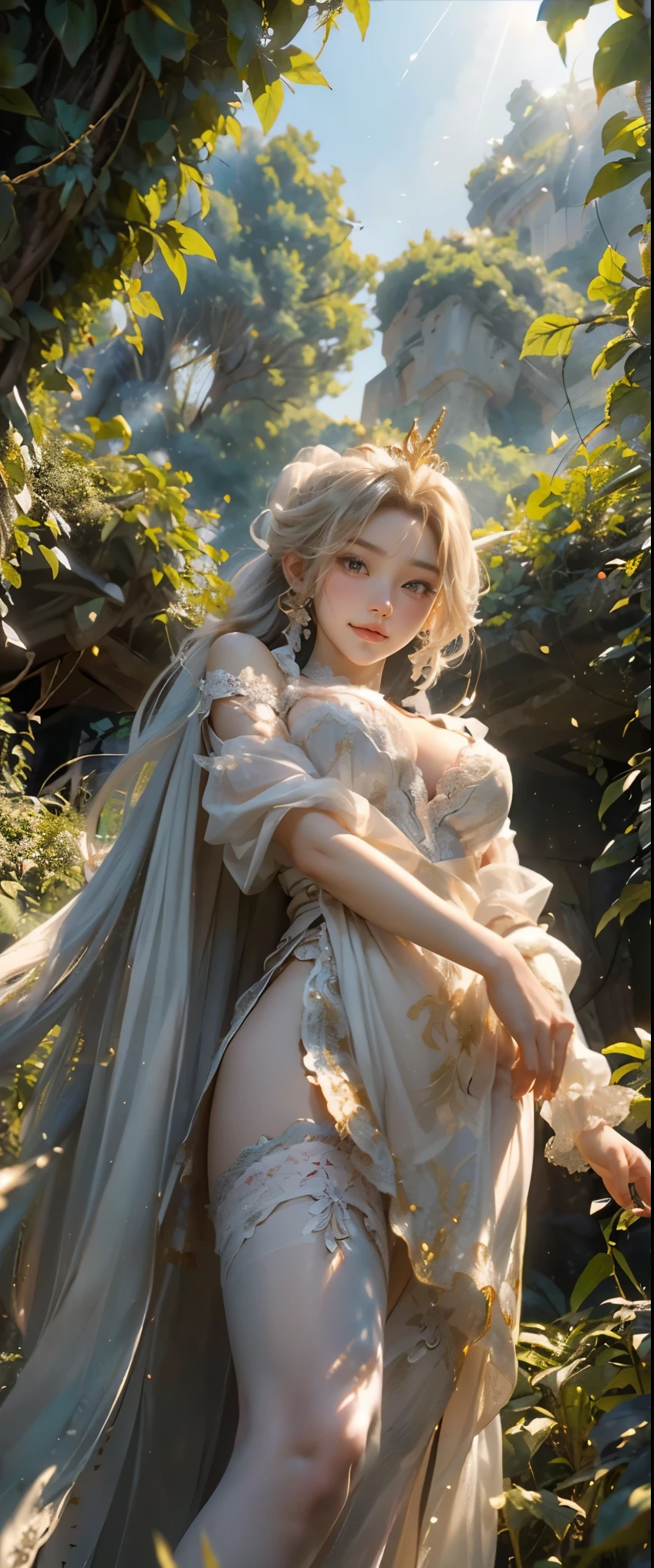 masterpiece、detailed、shiny skin、少女と白馬が寄り添ってAre standing、Japan woman in her late s、(god々beautiful pure white unicorn:1.3)、(god聖な森の泉で少女とユニコーンが体を清める:1.3)、Are standing、big breasts、(cleavage)、big ass、(thigh focus)、pink long blonde、ponytail、brown eyes、(非常にdetailedな目と顔)、Accurately drawn face、(A white lace cloth is wrapped around her bare skin.)、intricately designed details、(best ratio 1 thumb、Refers to 4 books:1.3)、(Gold tiara)、(dynamic pose:1.3)、(Ghost Smile)、(view from below:1.5)、(sunlight filtering through the foliage:1.3)、