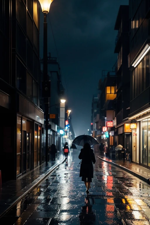 A person on a rainy street at night,Holding an umbrella and walking on the way home,Faint light emanating from street lamps and windows of high-rise buildings,Looking up