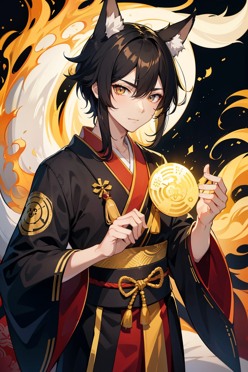 (high-quality, breathtaking),(expressive eyes, perfect face), 1boy, male, solo, kitsune, teenager, black hair , gold coloured eyes, gentle smile, short length hair, loose hair, hair between eyes, japanese clothing, japan attire, yokai kitsune, red shirt with a gold and black trim, black pants, brown belt, black fox ears on top of his head, patterns on kimono, masculine face, kimono, age 17
