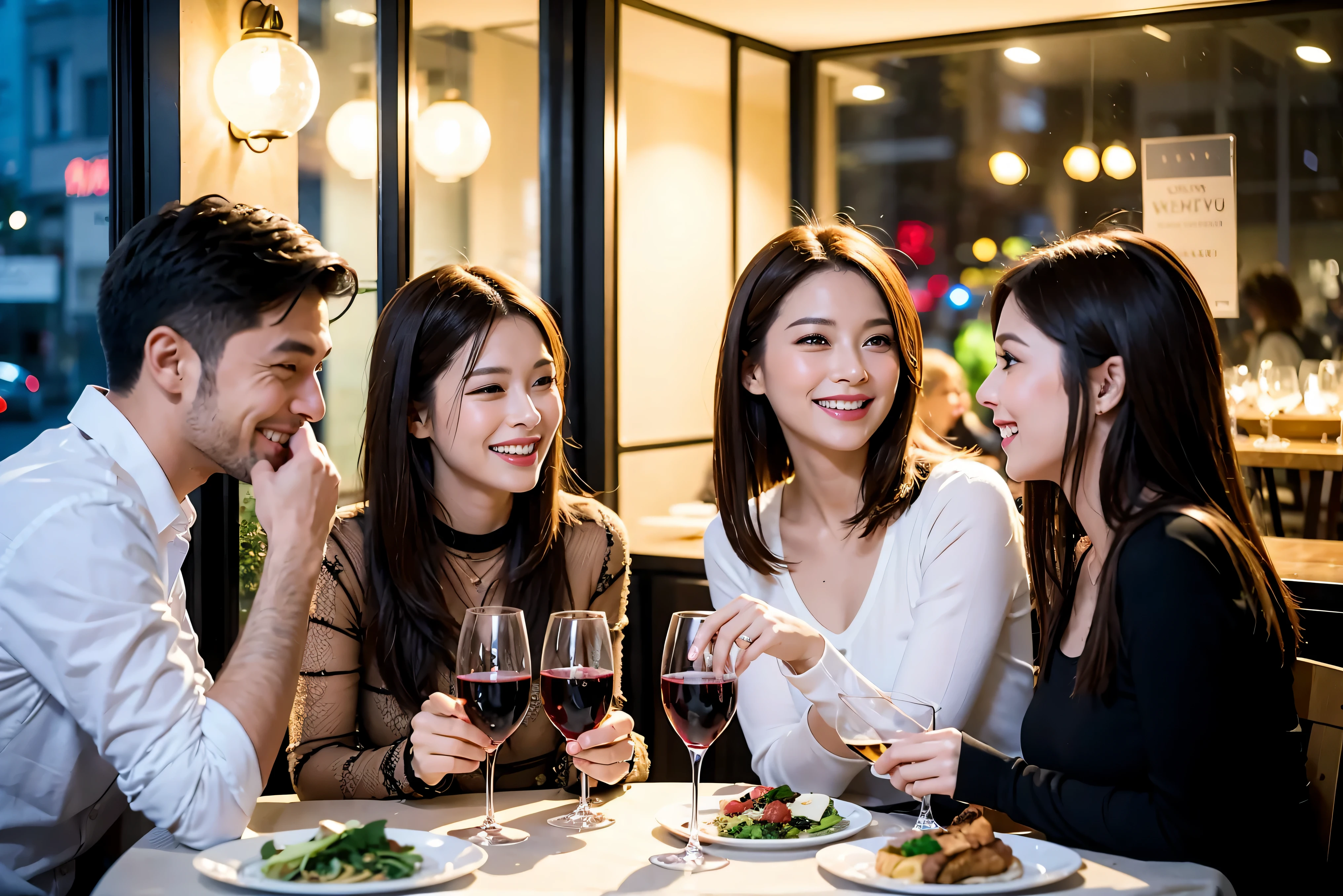 64k, UHD, highest quality, masterpiece: 1.2), (realistic, photorealistic: 1.37), Super detailed, celebration party、3 women who love wine、Three Men、champagne、Sparkling wine、winter night、restaurantでワイン宴会、(slimな男女4名),(Wine party for 5 people)、(slimフェイス),Happy、 最高なsmile、Fox Face、Berry Short、(because I'thin), (brown hair), (shortcut), long sleeve shirt、winter fashion、Japanese、Dutch、German、Portuguese、Belgian、Italian、french, (gushing), (slimボティ), (brown hair), (shortcut), Neat beauty、cheeks blush a little, (34 years old), 38 years old, alone, A beautiful and detailed night view spreads out outside the window...., restaurant, wine glassが座っている, At night, in a prominent place (from the Upper body) nova frog style, actress, model, Upper body, White wine, slim, wine glass, Very beautiful night view, wine glass Put in the Middle, Happy smile, (smile: 1.15),