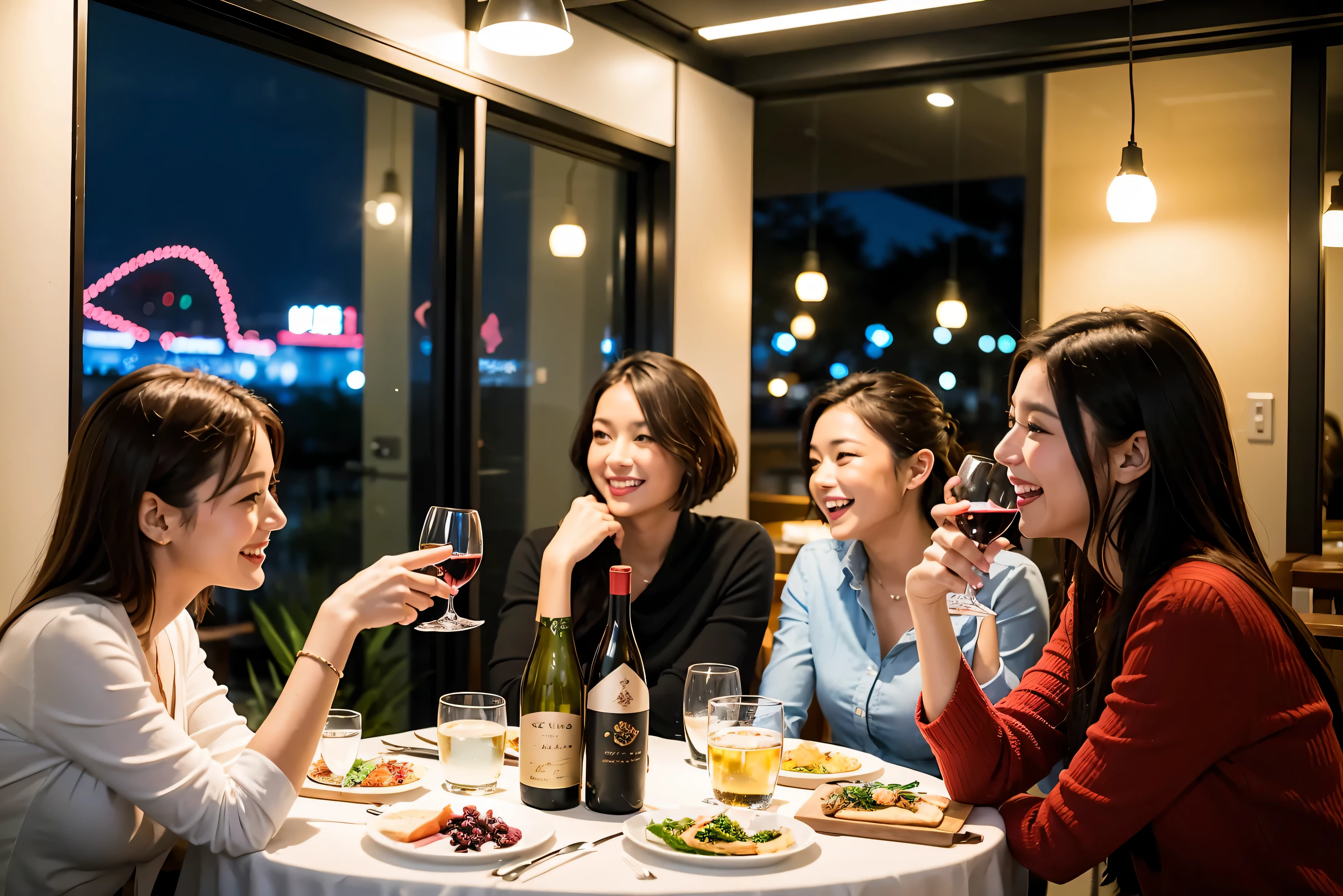 64k, UHD, highest quality, masterpiece: 1.2), (realistic, photorealistic: 1.37), Super detailed, celebration party、3 women who love wine、Three Men、champagne、Sparkling wine、winter night、restaurantでワイン宴会、(slimな男女4名),(Wine party for 5 people)、(slimフェイス),Happy、 最高なsmile、Fox Face、Berry Short、(because I'thin), (brown hair), (shortcut), long sleeve shirt、winter fashion、Japanese、Dutch、German、Portuguese、Belgian、Italian、french, (gushing), (slimボティ), (brown hair), (shortcut), Neat beauty、cheeks blush a little, (34 years old), 38 years old, alone, A beautiful and detailed night view spreads out outside the window...., restaurant, wine glassが座っている, At night, in a prominent place (from the Upper body) nova frog style, actress, model, Upper body, White wine, slim, wine glass, Very beautiful night view, wine glass Put in the Middle, Happy smile, (smile: 1.15),
