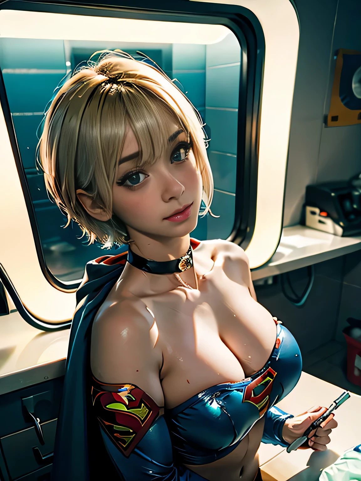 masterpiece、Supergirl with short hair lying injured on the operating table in the operating room、tattered clothes、big and full breasts、look at the camera、shiny costume、cloudy liquid、Bukkake、Covered with lotion、medical equipment、choker、exhausted、long sleeve、barefoot、red lime、sticky