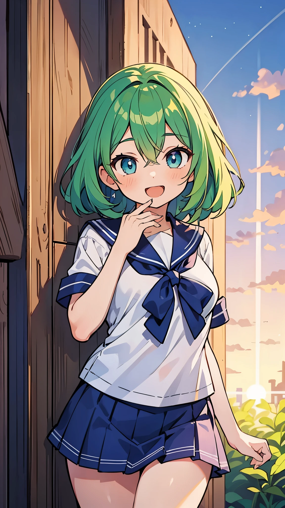 ((Pretty High School girl with green hair and blue eyes)), ((wearing Sailor suit)), Baby face, ((master piece, top-quality, ultra-definition, high resolution)), anime girl, ((ultra-detailed illust:1.2)), only one person, bangs, hair between eye, beautiful hair, Beautiful eyes, Medium breasts, thighs, Big smile, blushing, opened mouth, in the school backyard, at dusk, sunset