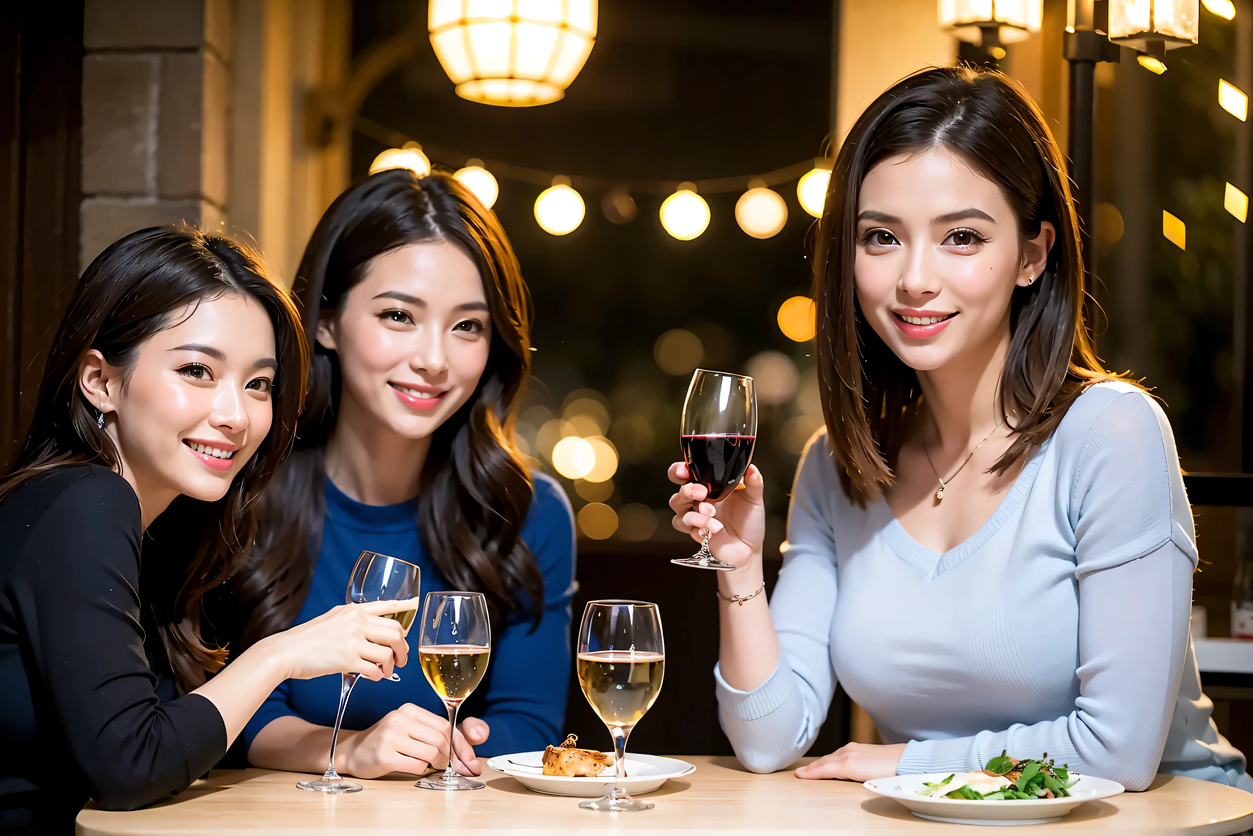 64k, UHD, highest quality, masterpiece: 1.2), (realistic, photorealistic: 1.37), Super detailed, celebration party、3 women who love wine、Three Men、champagne、Sparkling wine、winter night、restaurantでワイン宴会、(slimな男女4名),(Wine party for 5 people)、(slimフェイス),Happy、 最高なsmile、Fox Face、Berry Short、(because I'thin), (brown hair), (shortcut), long sleeve shirt、winter fashion、Japanese、Dutch、German、Portuguese、Belgian、Italian、french, (gushing), (slimボティ), (brown hair), (shortcut), Neat beauty、cheeks blush a little, (34 years old), 38 years old, alone, A beautiful and detailed night view spreads out outside the window...., restaurant, wine glassが座っている, At night, in a prominent place (from the Upper body) nova frog style, actress, model, Upper body, White wine, slim, wine glass, Very beautiful night view, wine glass Put in the Middle, Happy smile, (smile: 1.15),