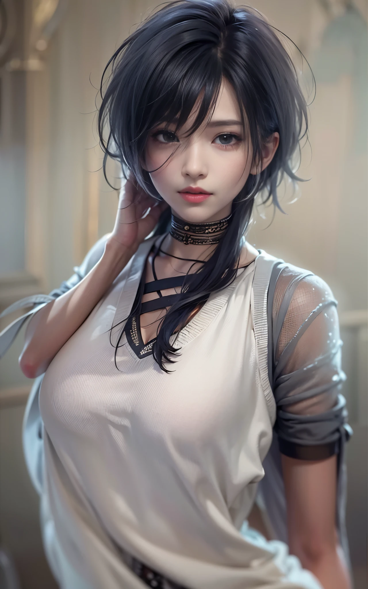 best quality,master piece,High resolution,(beautiful face),looking at the viewer,Are standing,((Half body)),((White vest)),((black leather skirt)),Hands in gloves,right arm hanging down