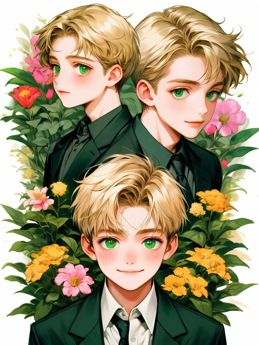 masterpiece, collage of surrounded by flowers, happy, short blond hair, green eyes
