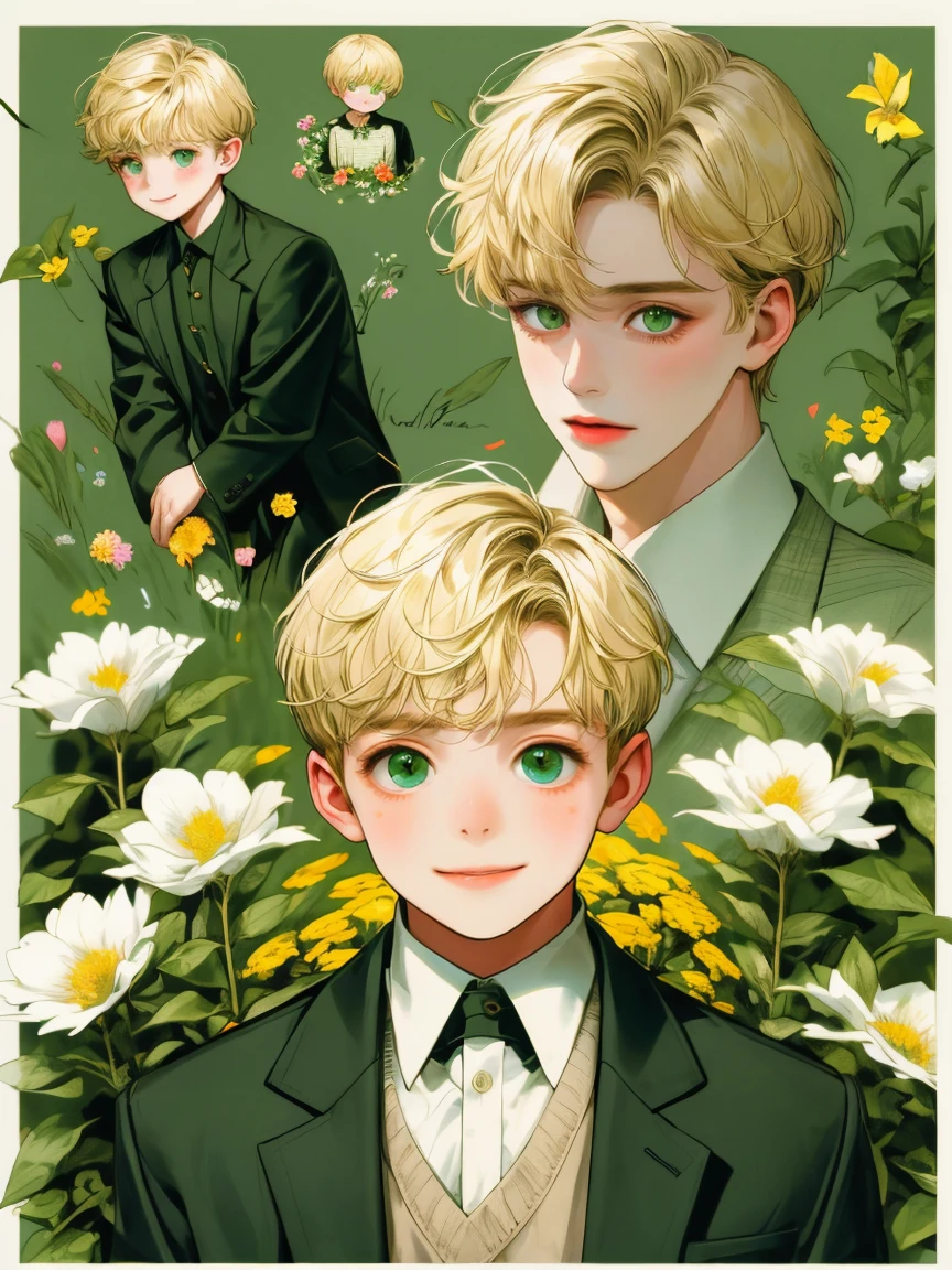 masterpiece, collage of little boy holding flowers, happy, short blond hair