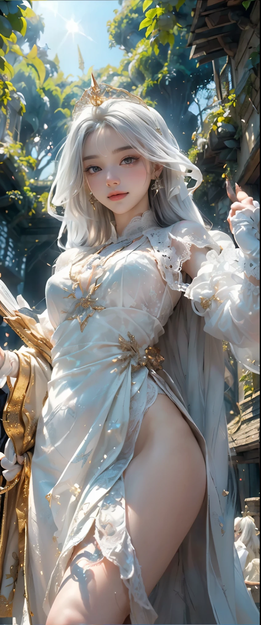 masterpiece、detailed、shiny skin、(god々beautiful pure white unicorn:1.3)、(god聖な森の泉で少女とユニコーンが体を清める:1.3)、brown eyes、(非常にdetailedな目と顔)、Accurately drawn face、(A white lace cloth is wrapped around her bare skin.)、intricately designed details、(best ratio 1 thumb、Refers to 4 books:1.3)、(Gold tiara)、(dynamic pose:1.3)、(Ghost Smile)、(view from below:1.5)、(sunlight filtering through the foliage:1.3)、