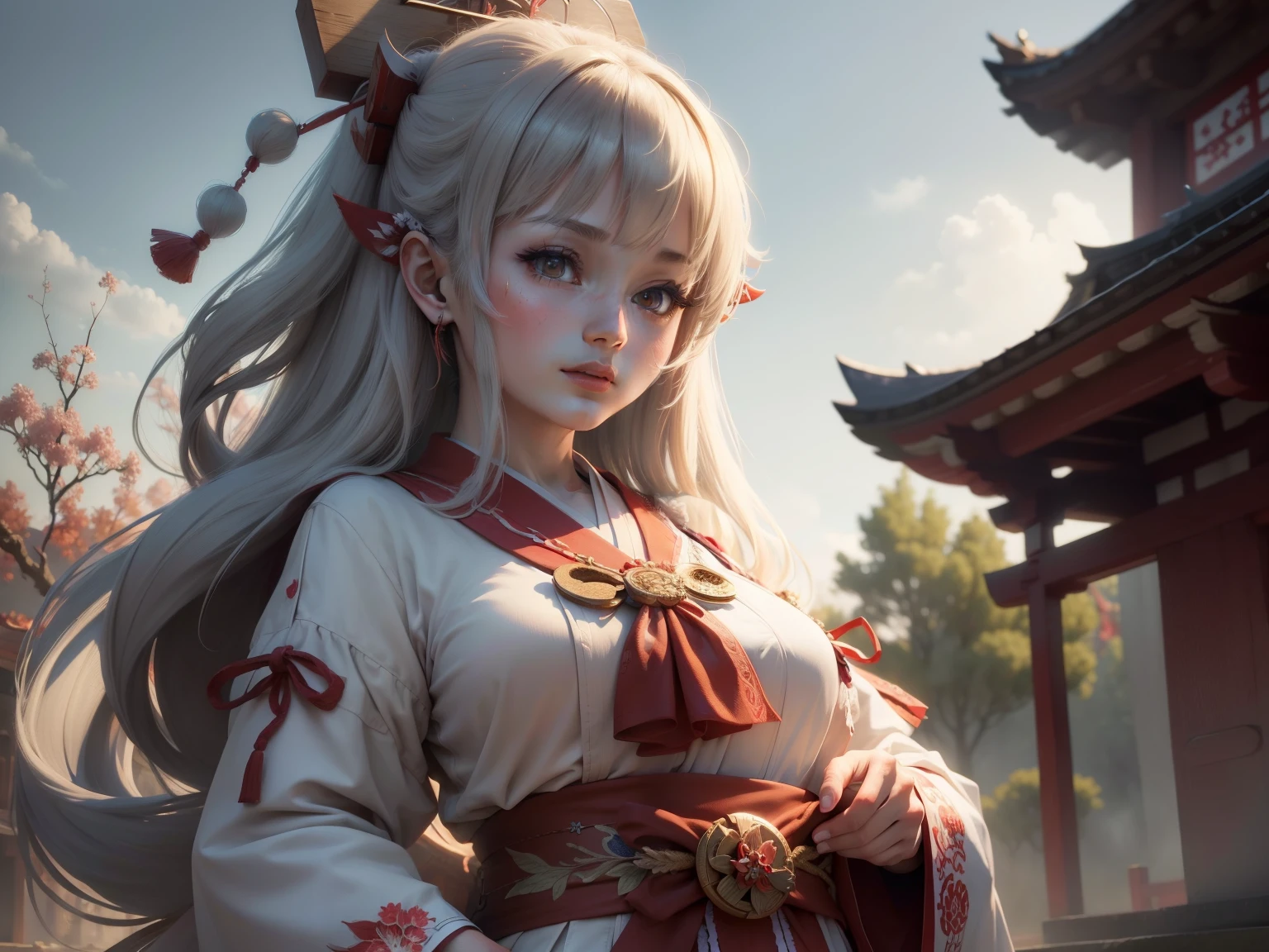 shrine maiden, bustup , (Masterpiece, Best Quality, Highres:1.4), Detailed, Intricate Details, 4K ,((sfw)),