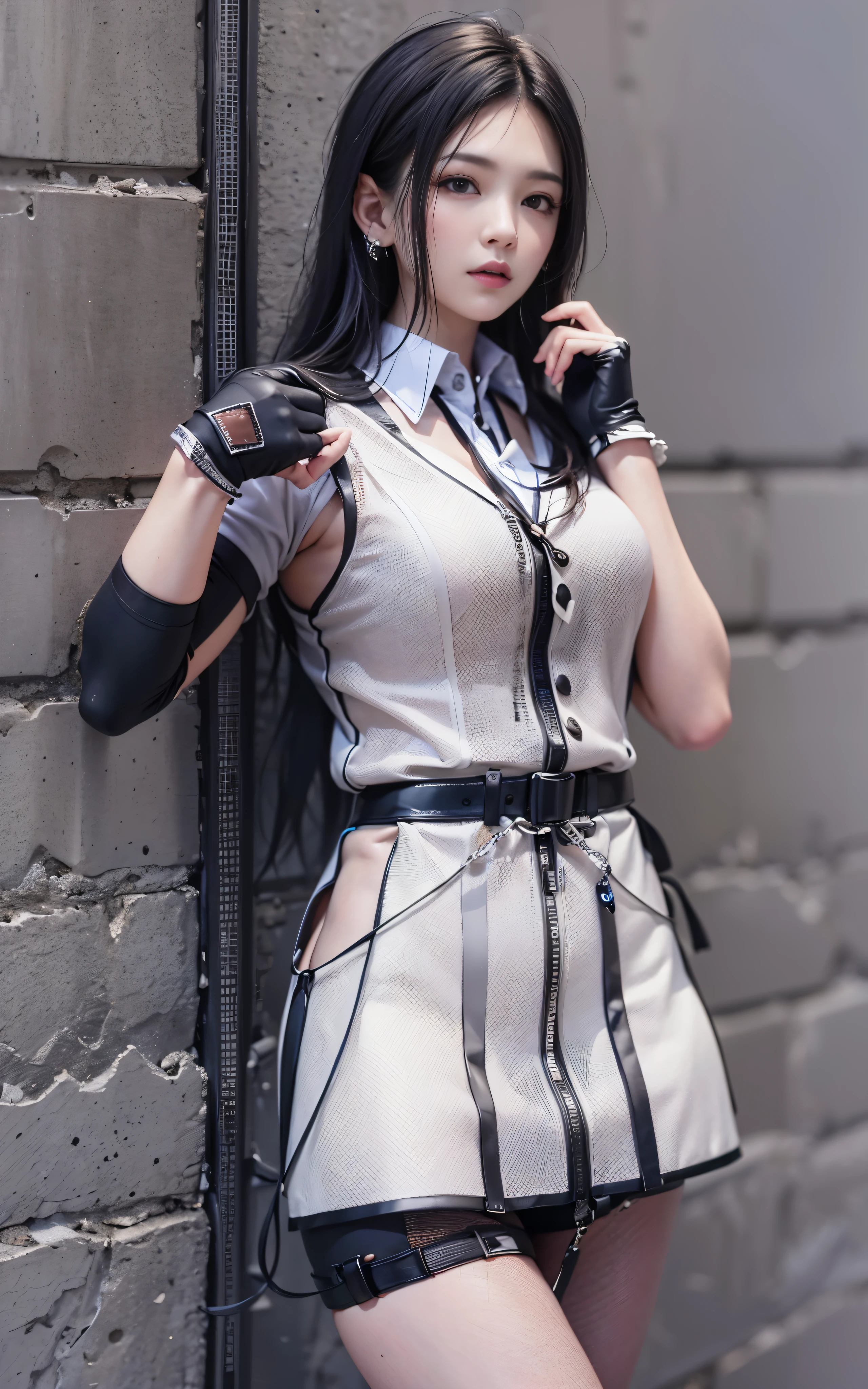 highest quality,masterpiece,High resolution,(beautiful face),looking at the viewer,Are standing,((Half body)),((White vest)),((black leather skirt)),gloved hands,right arm hanging down