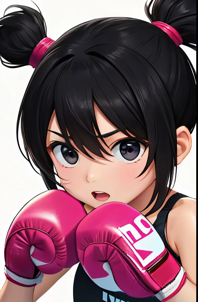 5 year old  boxing　She wears pink boxing gloves on both hands.　black hair　black eyes