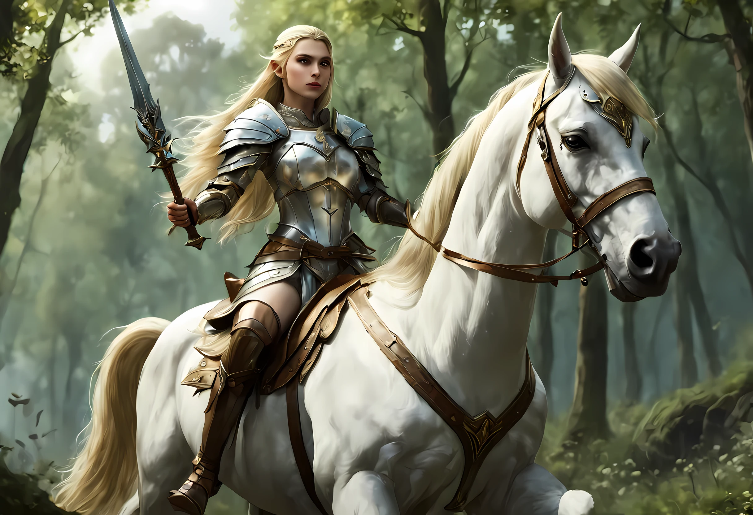 a illustration of a beautiful female elf knight riding a unicorn in the forest, female elf knight, extremely beautiful female elf (best details, Masterpiece, best quality: 1.5), ultra feminine princess, ultra detailed face (best details, Masterpiece, best quality: 1.5), determined face, ready for war, blond hair, long hair, wavy hair, dynamic eyes color, armed with a long sword, wearing leather armor, elven armor (best details, Masterpiece, best quality: 1.5), white unicorn (best details, Masterpiece, best quality: 1.5), fantasy forest and some clouds in the background, fantasy art dnd art, RPG art magv1ll, Ultra-Wide Angle, high detail, award winning, best quality, HD, 16K, high details, best quality, absurd highres, ultra wide angle, photorealistic, ultra realistic [[anatomically correct]], high details, best quality, 16k, [ultra detailed], masterpiece, best quality, (extremely detailed), ultra wide shot, photorealistic,