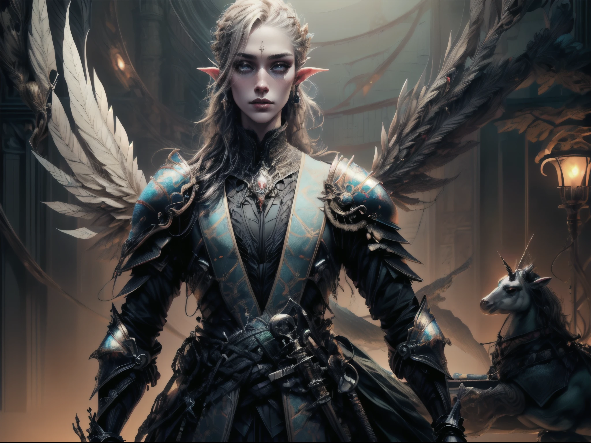 speedpainting a illustration of a beautiful female elf knight riding a unicorn in the forest, female elf knight, extremely beautiful female elf (best details, Masterpiece, best quality: 1.5), ultra feminine princess, ultra detailed face (best details, Masterpiece, best quality: 1.5), determined face, ready for war, blond hair, long hair, wavy hair, dynamic eyes color, armed with a long sword, wearing leather armor, elven armor (best details, Masterpiece, best quality: 1.5), white unicorn (best details, Masterpiece, best quality: 1.5),  fantasy forest and some clouds in the background, fantasy art dnd art, RPG art magv1ll, Ultra-Wide Angle, high detail, award winning, best quality, HD, 16K, high details, best quality, absurd highres, ultra wide angle, photorealistic, ultra realistic [[anatomically correct]], high details, best quality, 16k, [ultra detailed], masterpiece, best quality, (extremely detailed), ultra wide shot, photorealistic,